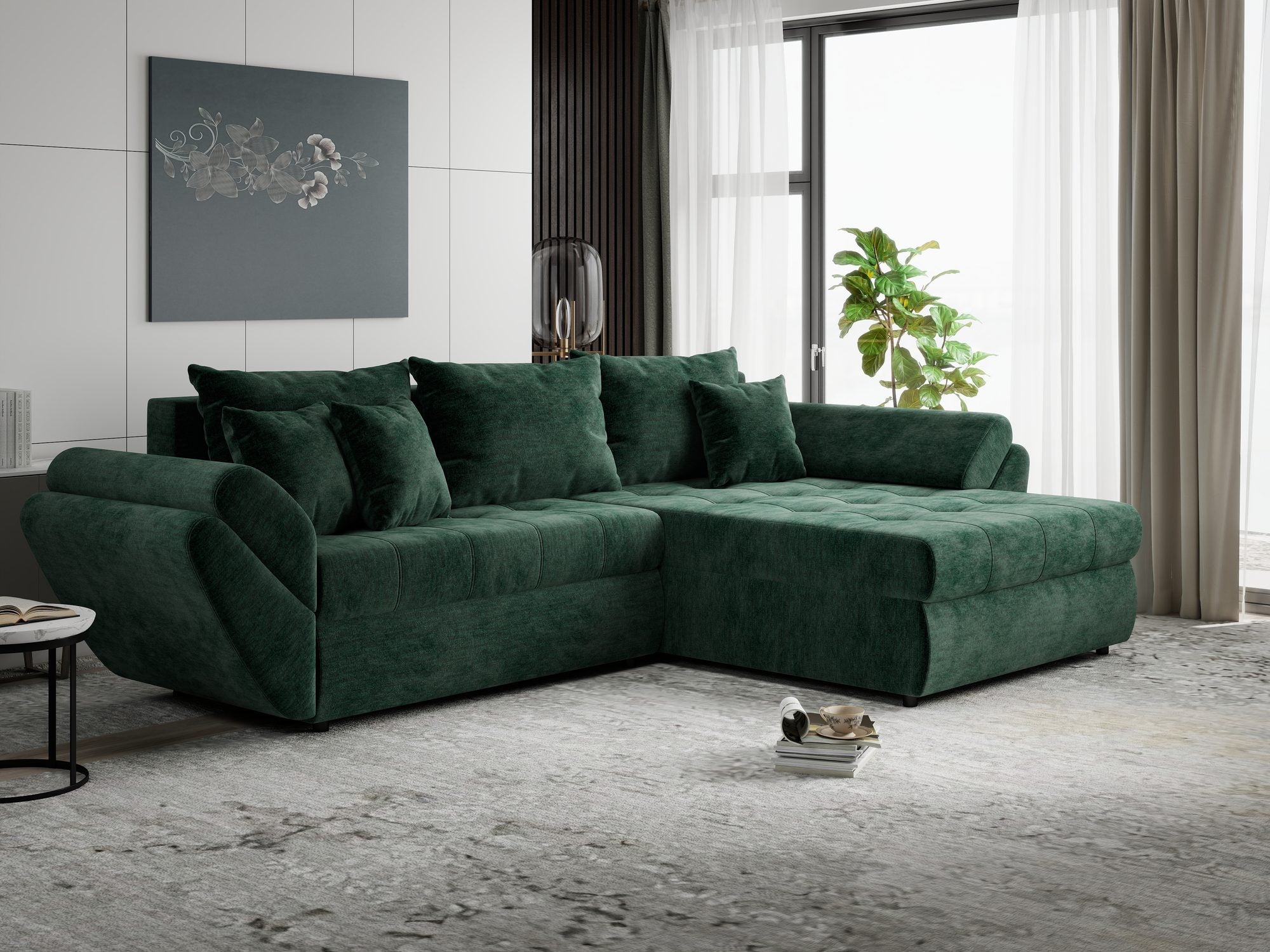 Colțar extensibil dumonde cu ladă de depozitare si sezut confortabil din spuma high-density, Loana Monolith Verde II 270x185 cm