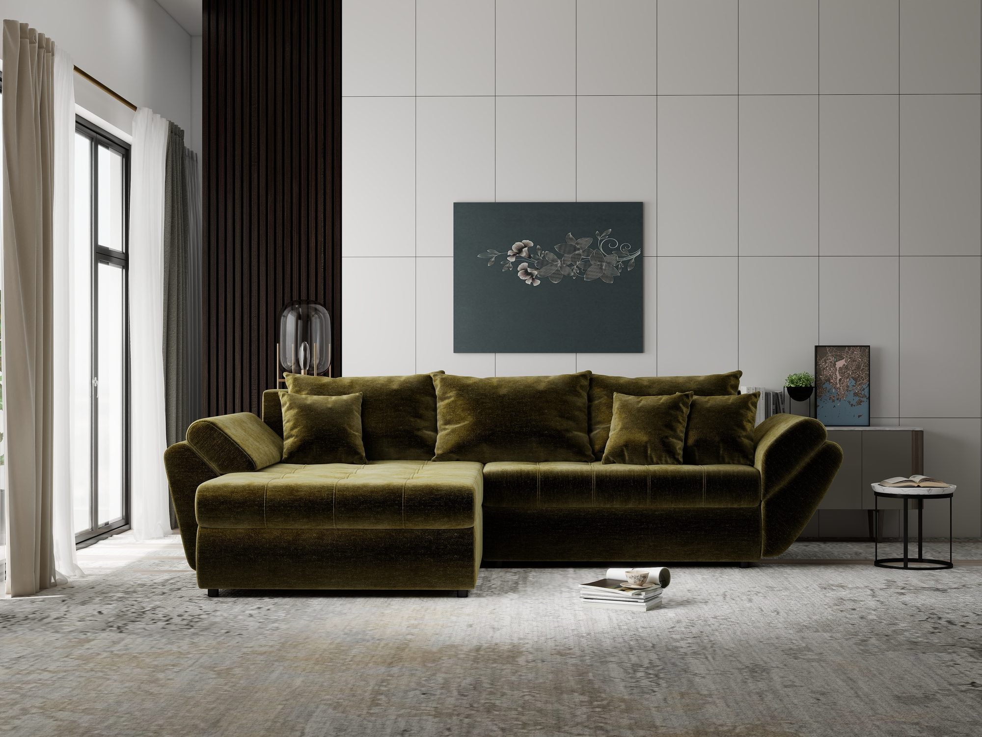 Colțar extensibil dumonde cu ladă de depozitare si sezut confortabil din spuma high-density, Loana Monolith Verde olive 270x185 cm