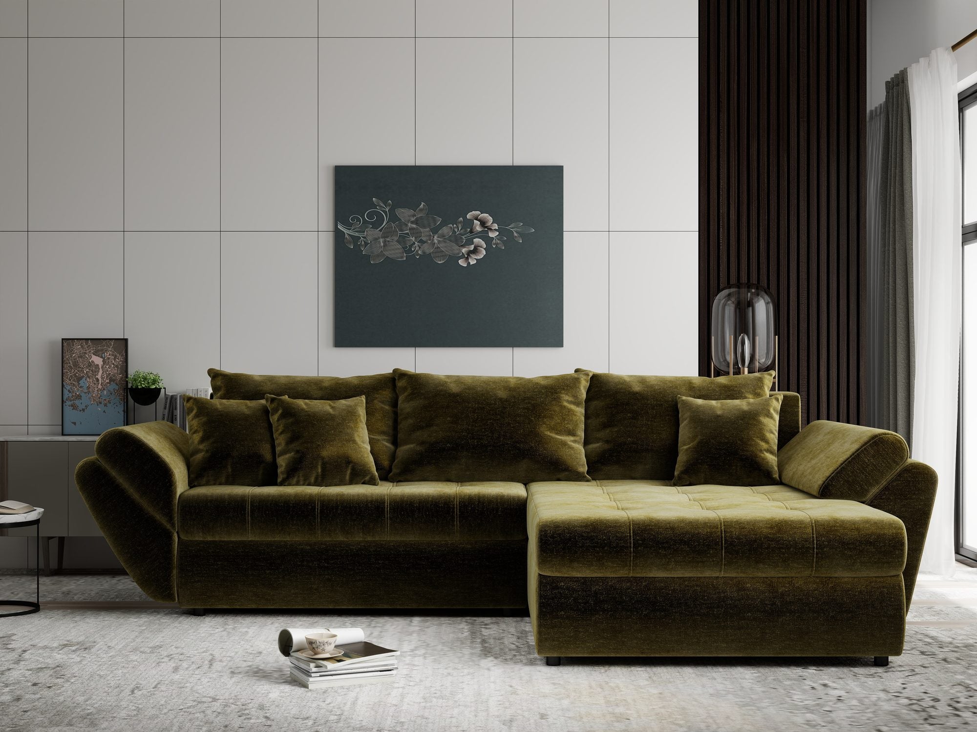 Colțar extensibil dumonde cu ladă de depozitare Loana Monolith Verde olive II 270x185 cm