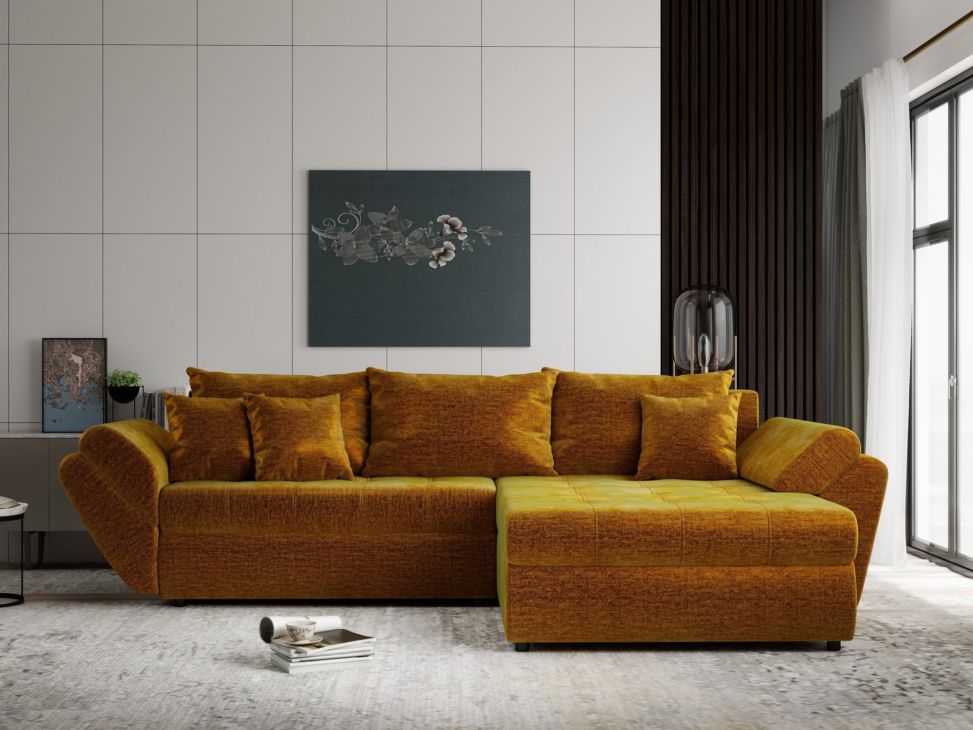 Colțar extensibil dumonde cu ladă de depozitare Loana Monolith Mustar II 270x185 cm