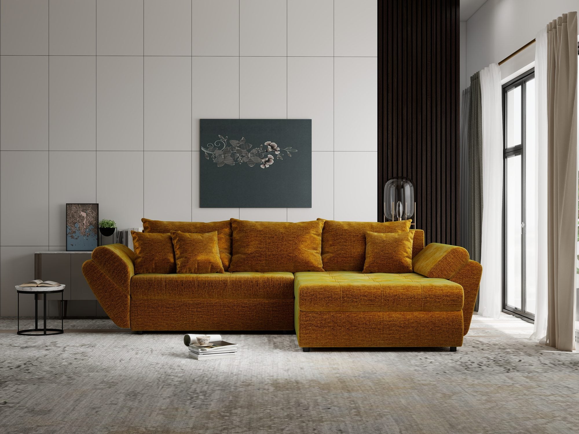 Colțar extensibil dumonde cu ladă de depozitare Loana Monolith Mustar II 270x185 cm