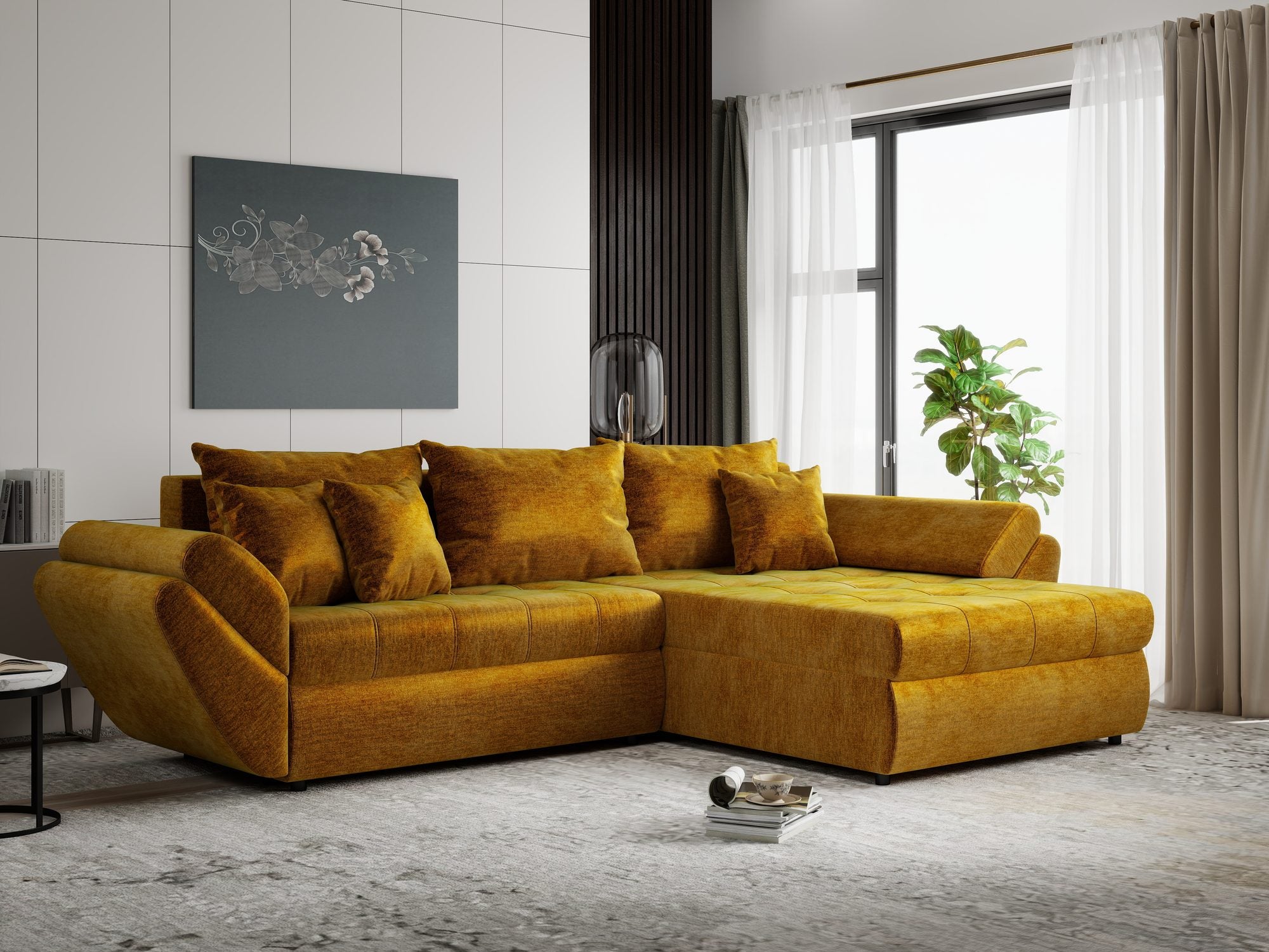 Colțar extensibil dumonde cu ladă de depozitare Loana Monolith Mustar II 270x185 cm