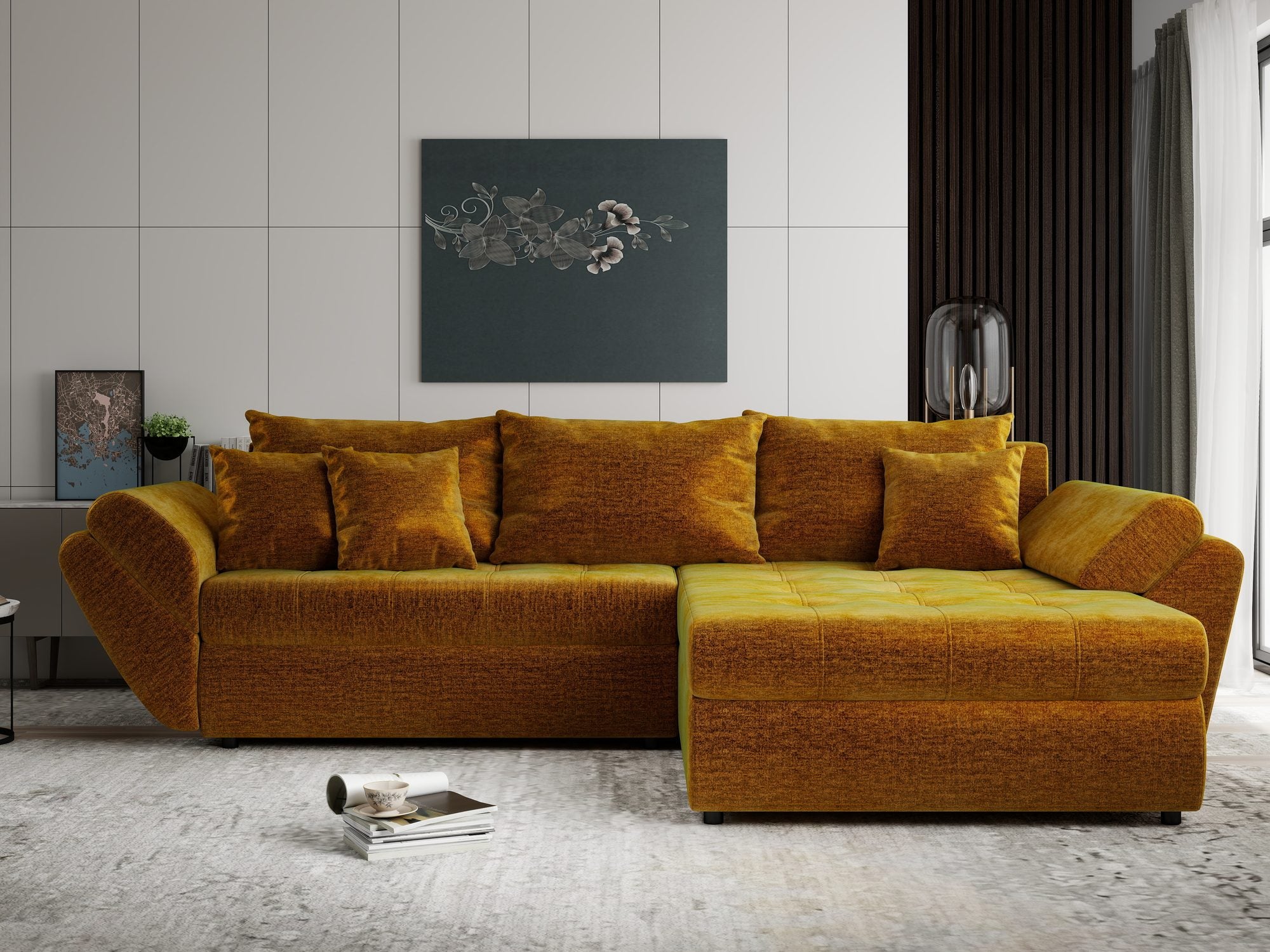 Colțar extensibil dumonde cu ladă de depozitare Loana Monolith Mustar II 270x185 cm