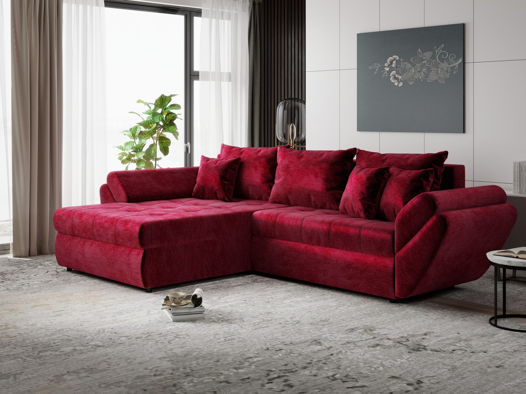Colțar extensibil dumonde cu ladă de depozitare si sezut confortabil din spuma high-density, Loana Monolith Rosu 270x185 cm