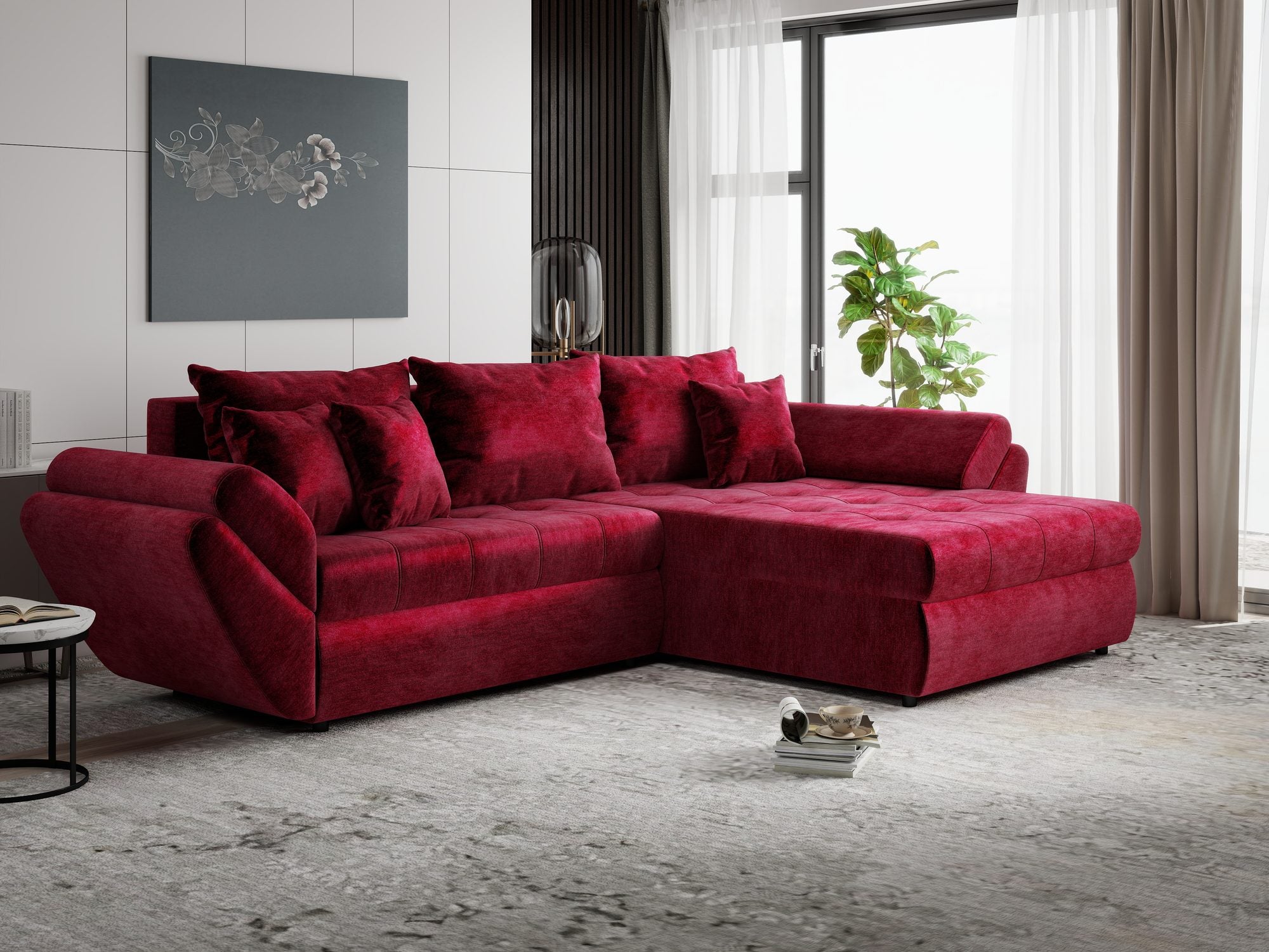 Colțar extensibil dumonde cu ladă de depozitare Loana Monolith Rosu II 270x185 cm