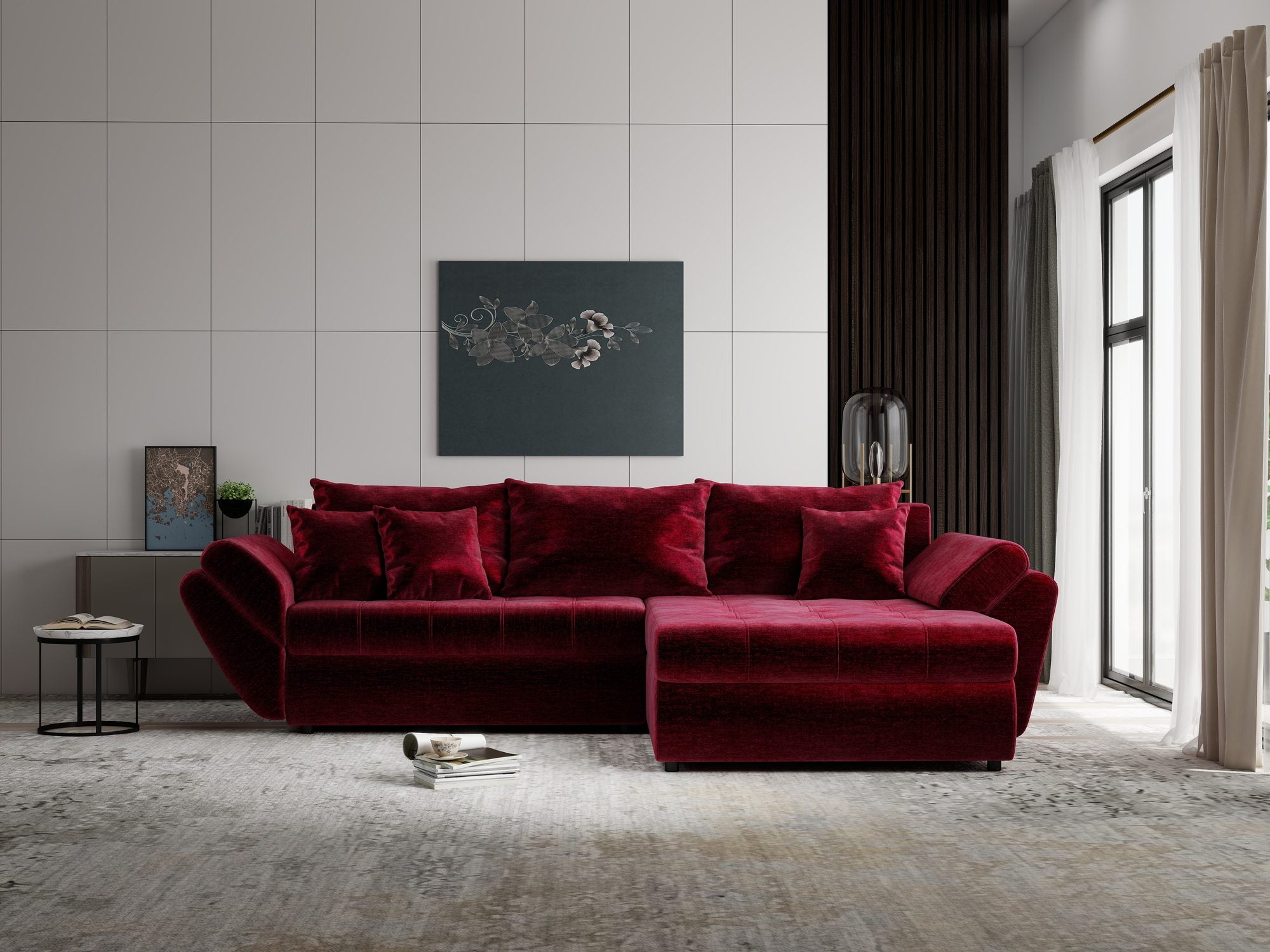Colțar extensibil dumonde cu ladă de depozitare Loana Monolith Rosu II 270x185 cm