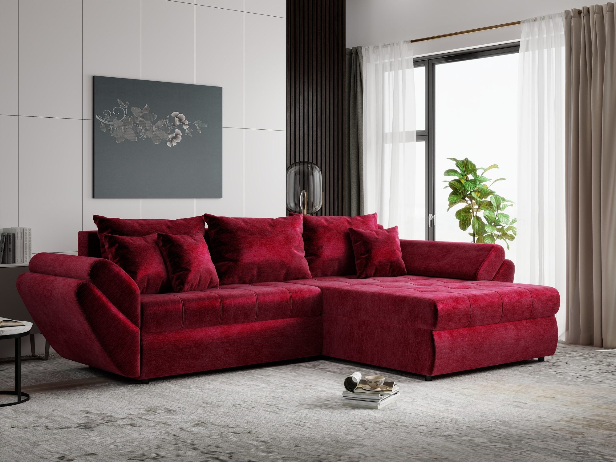 Colțar extensibil dumonde cu ladă de depozitare Loana Monolith Rosu II 270x185 cm
