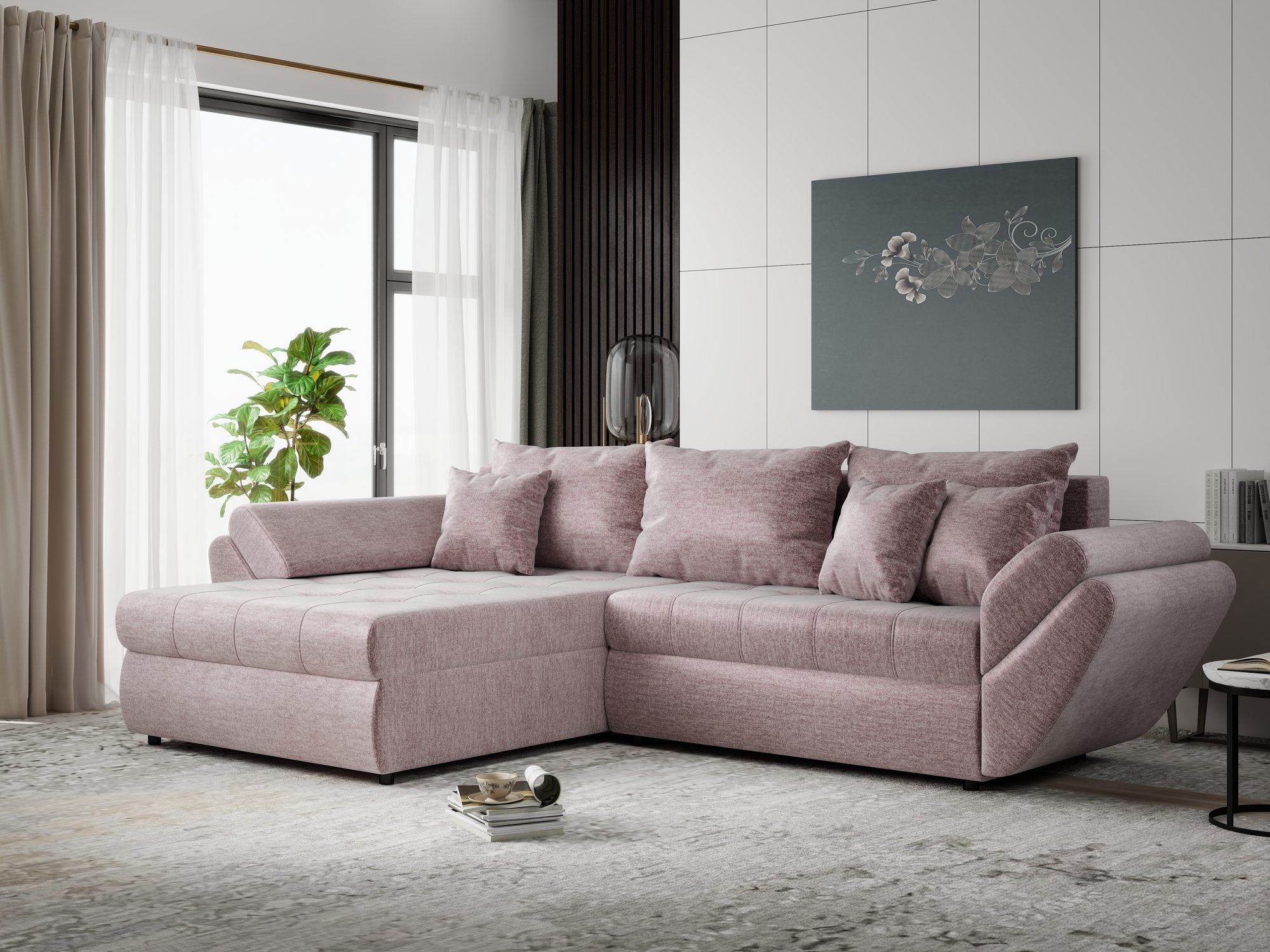 Colțar extensibil dumonde cu ladă de depozitare si sezut confortabil din spuma high-density, Loana Monolith Roz pudrat 270x185 cm