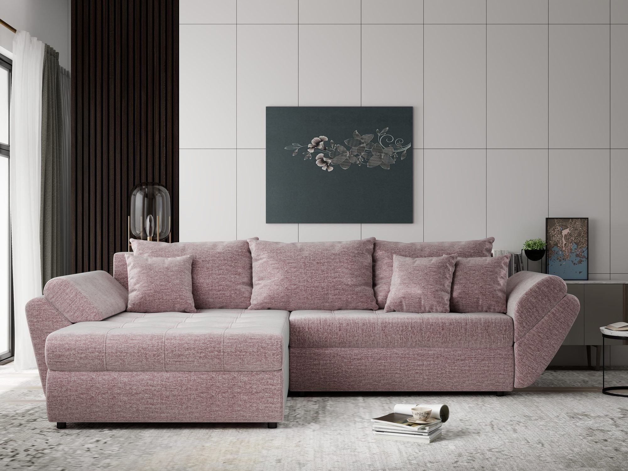 Colțar extensibil dumonde cu ladă de depozitare si sezut confortabil din spuma high-density, Loana Monolith Roz pudrat 270x185 cm