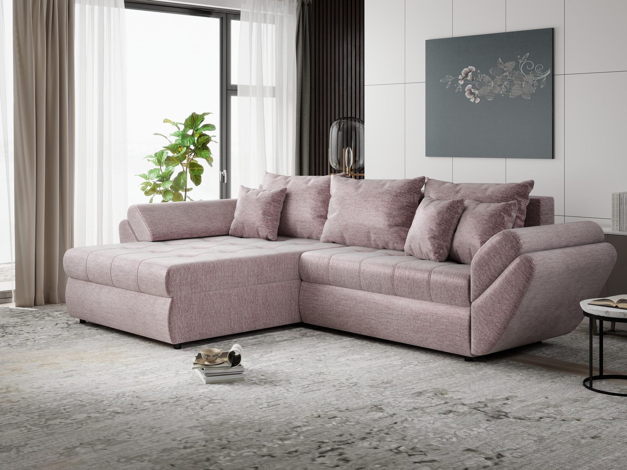 Colțar extensibil dumonde cu ladă de depozitare si sezut confortabil din spuma high-density, Loana Monolith Roz pudrat 270x185 cm
