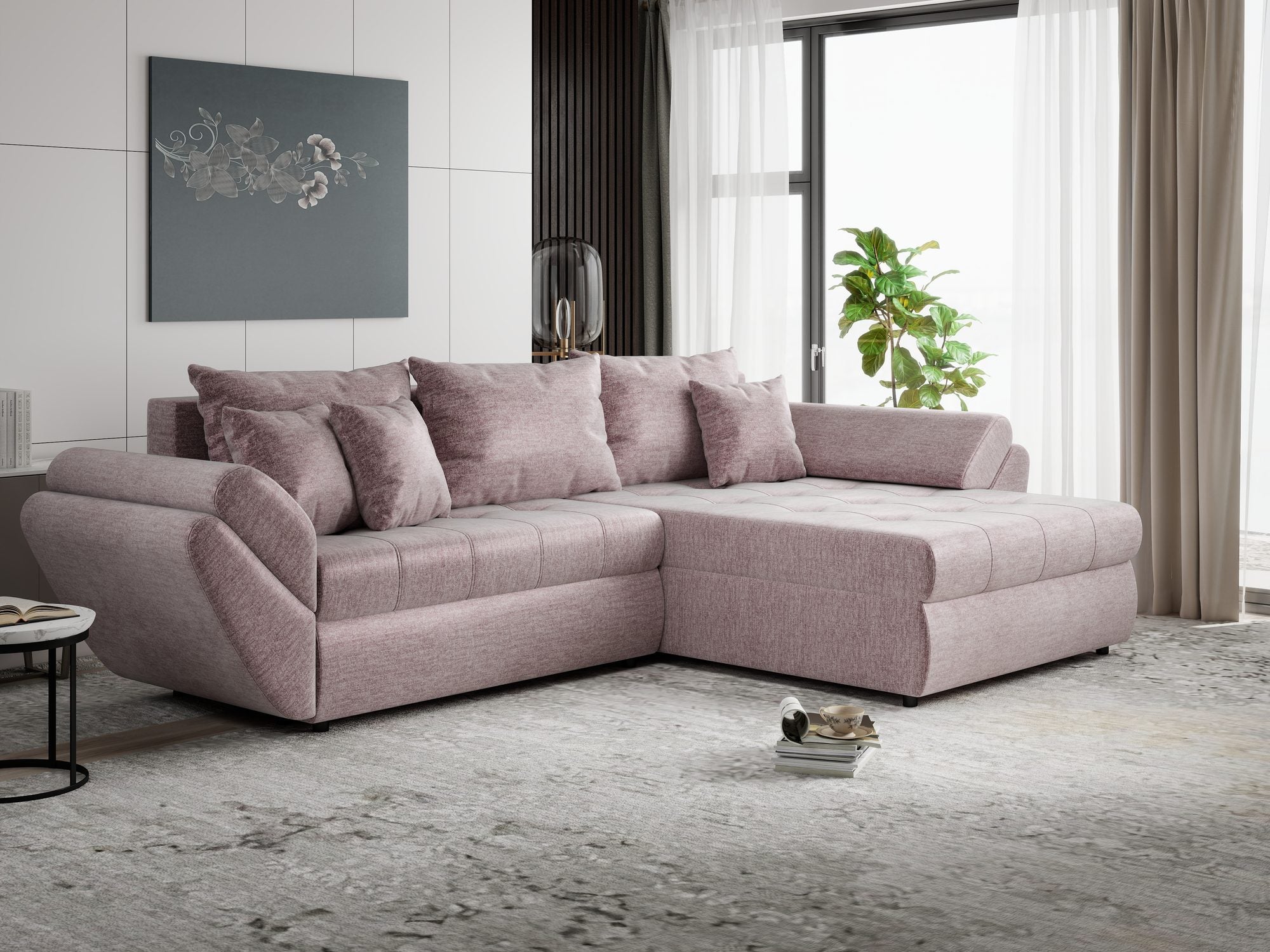 Colțar extensibil dumonde cu ladă de depozitare Loana Monolith Roz pudrat II 270x185 cm