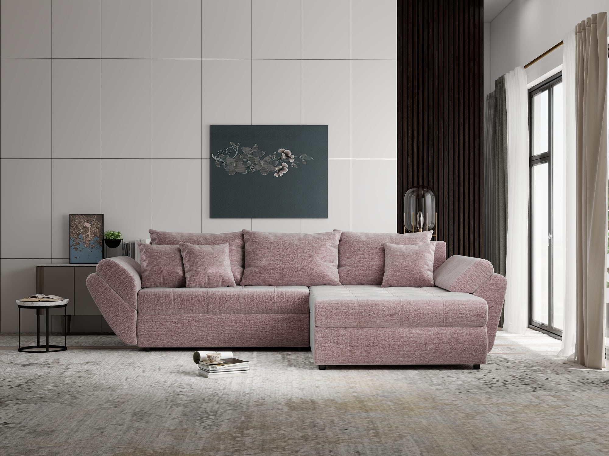 Colțar extensibil dumonde cu ladă de depozitare Loana Monolith Roz pudrat II 270x185 cm