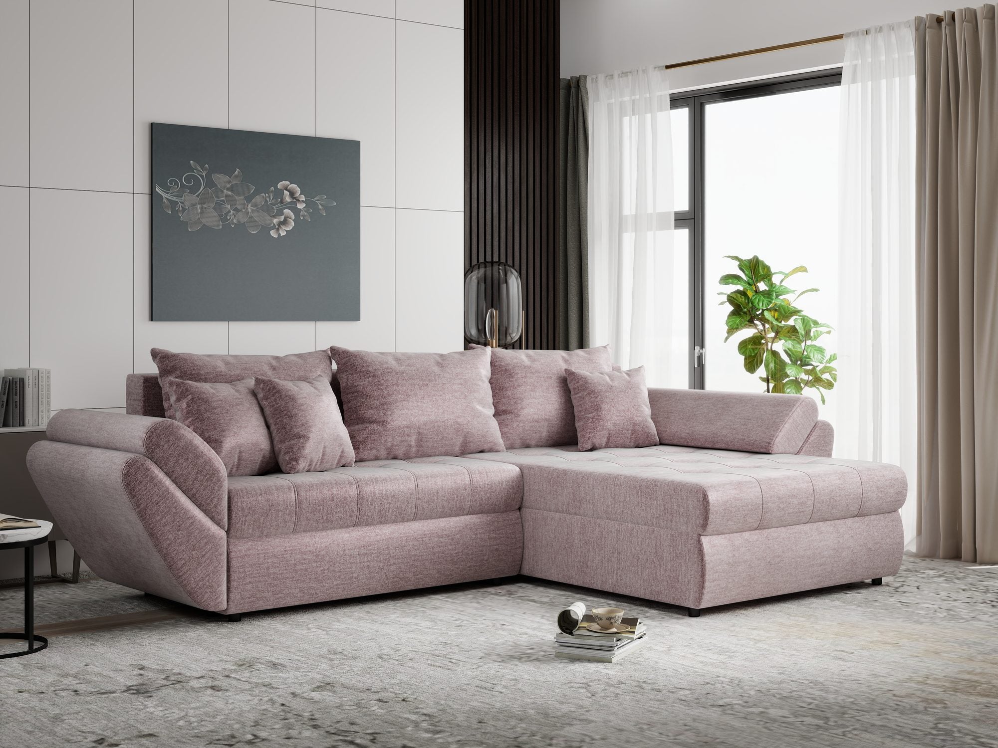 Colțar extensibil dumonde cu ladă de depozitare Loana Monolith Roz pudrat II 270x185 cm