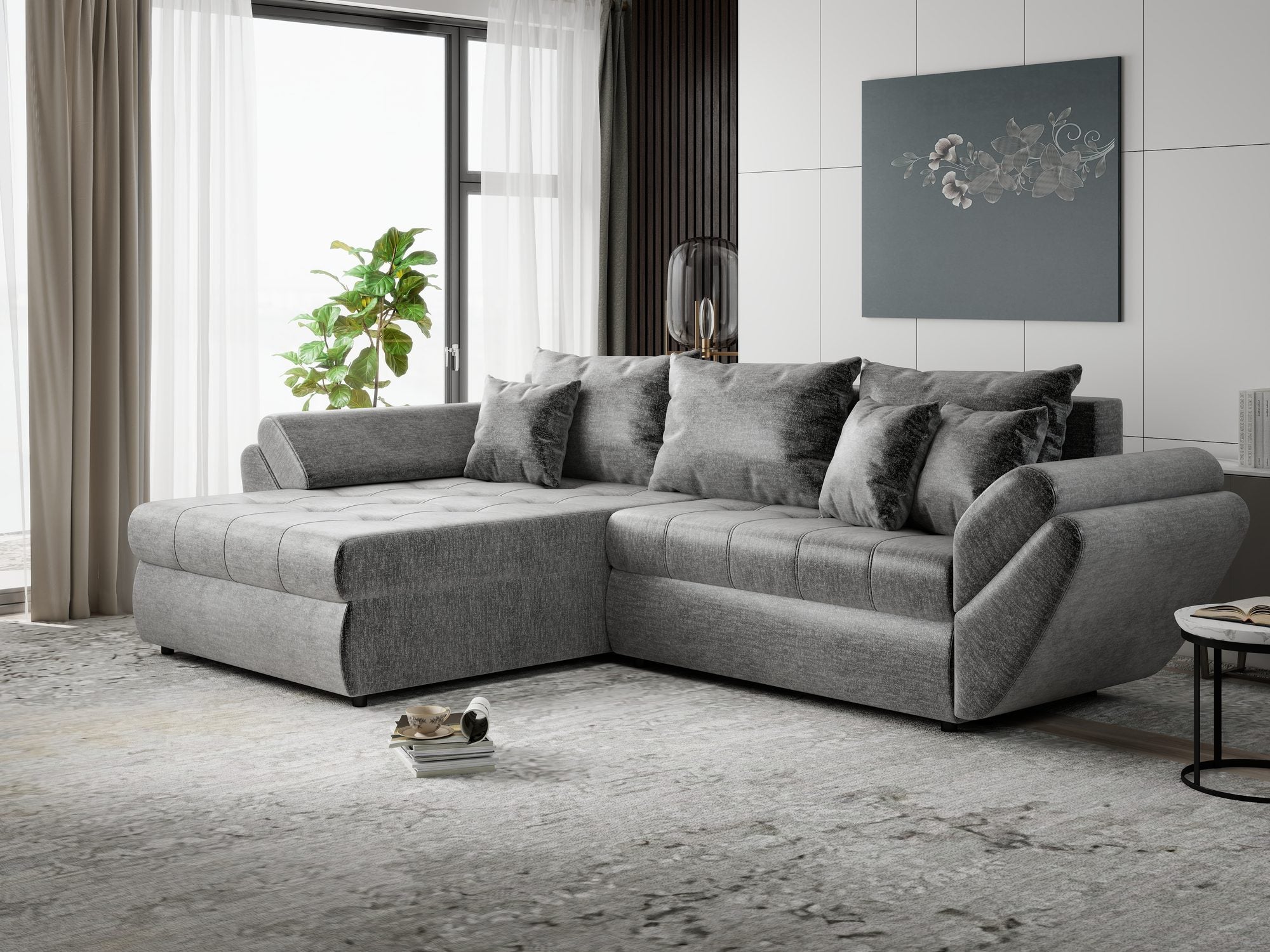 Colțar extensibil dumonde cu ladă de depozitare si sezut confortabil din spuma high-density, Loana Monolith Gri 270x185 cm
