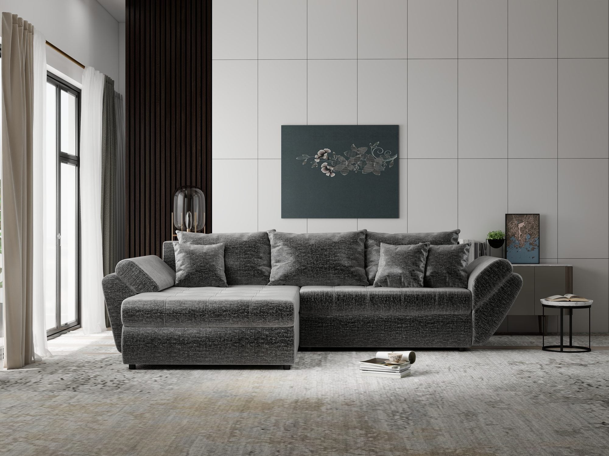Colțar extensibil dumonde cu ladă de depozitare si sezut confortabil din spuma high-density, Loana Monolith Gri 270x185 cm