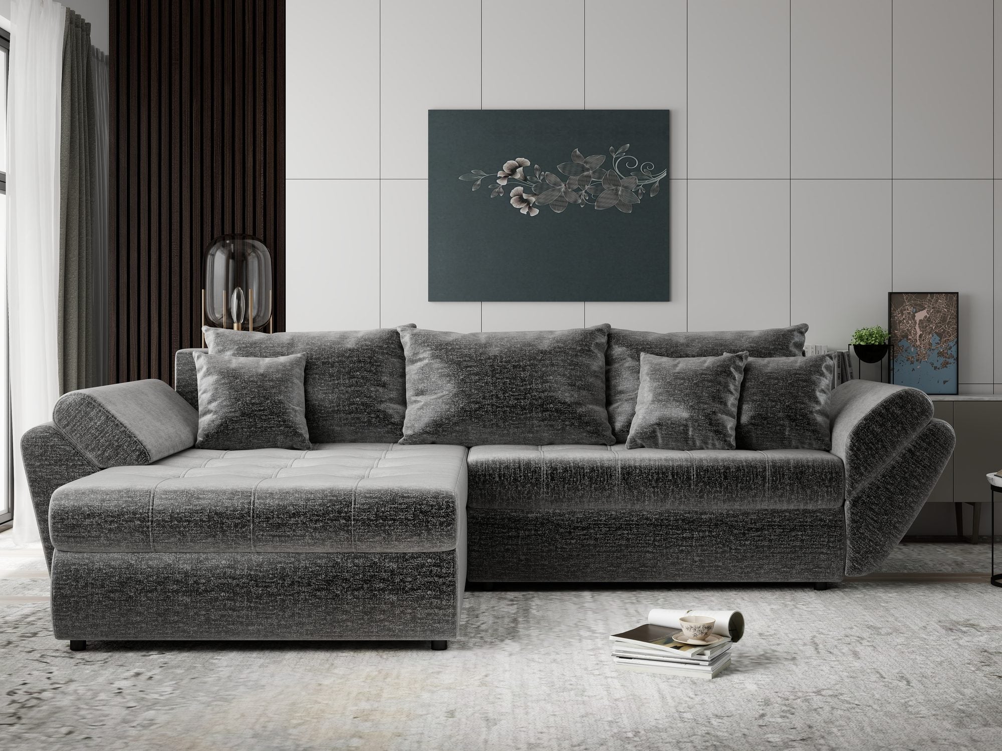 Colțar extensibil dumonde cu ladă de depozitare si sezut confortabil din spuma high-density, Loana Monolith Gri 270x185 cm