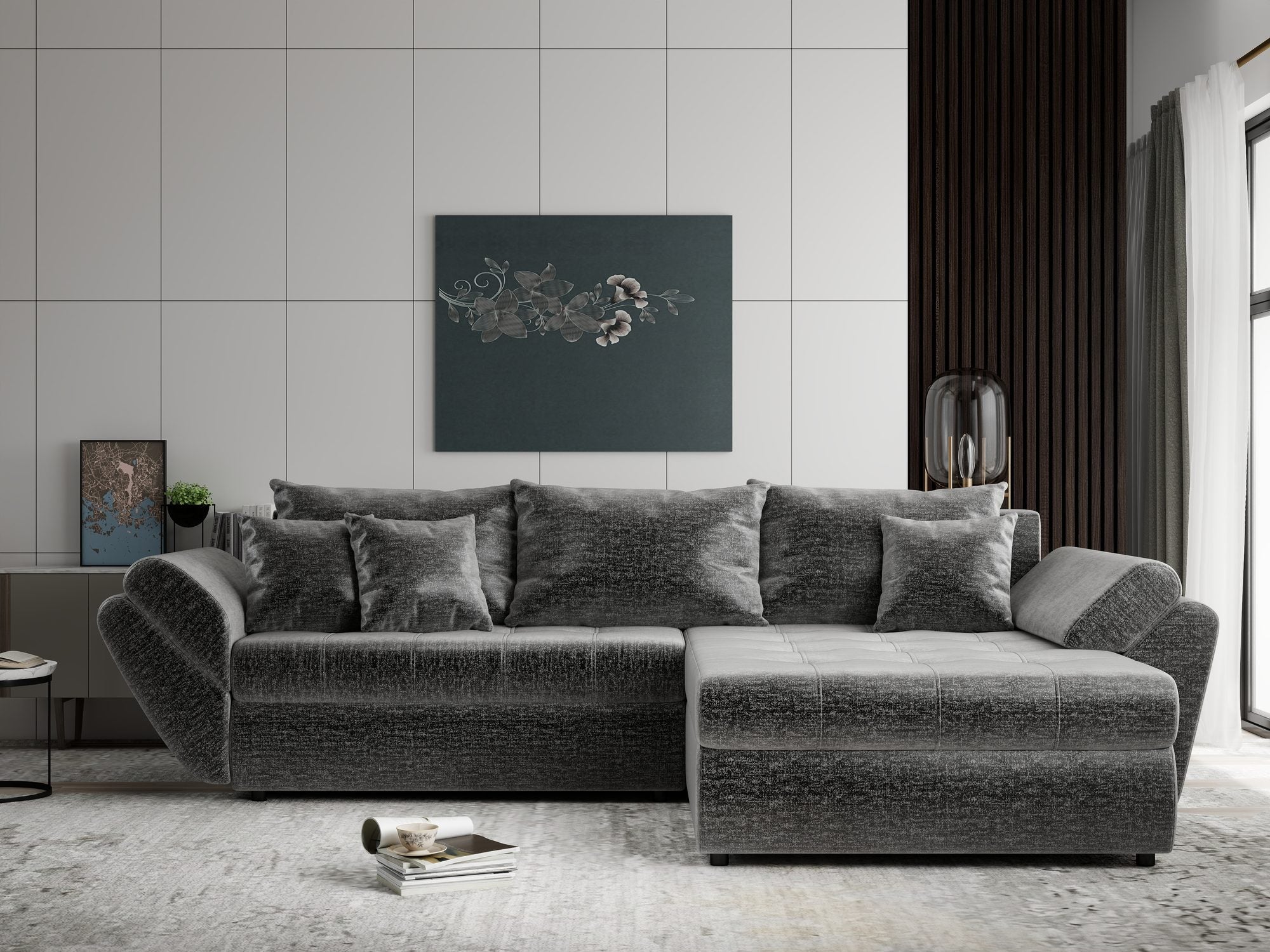 Colțar extensibil dumonde cu ladă de depozitare Loana Monolith Gri II 270x185 cm