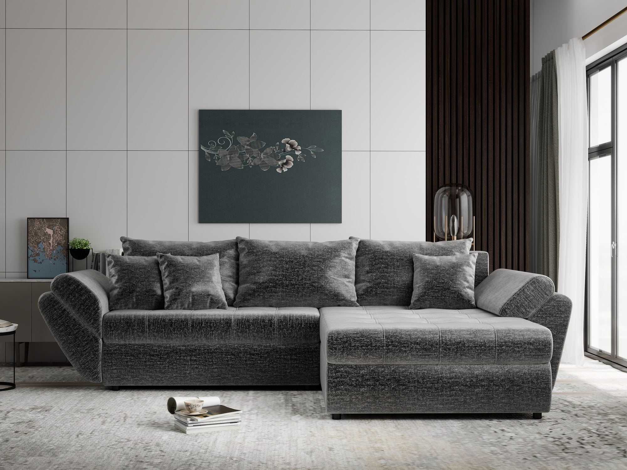 Colțar extensibil dumonde cu ladă de depozitare Loana Monolith Gri II 270x185 cm