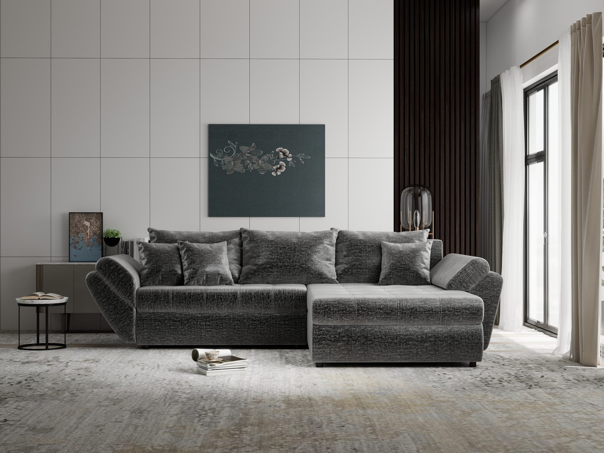 Colțar extensibil dumonde cu ladă de depozitare Loana Monolith Gri II 270x185 cm