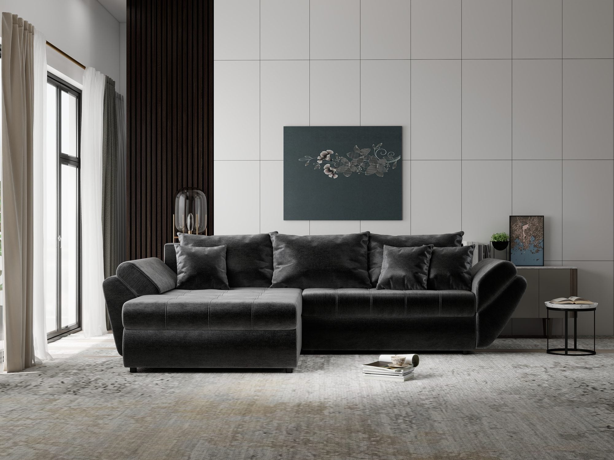 Colțar extensibil dumonde cu ladă de depozitare si sezut confortabil din spuma high-density, Loana Monolith Gri antracit 270x185 cm