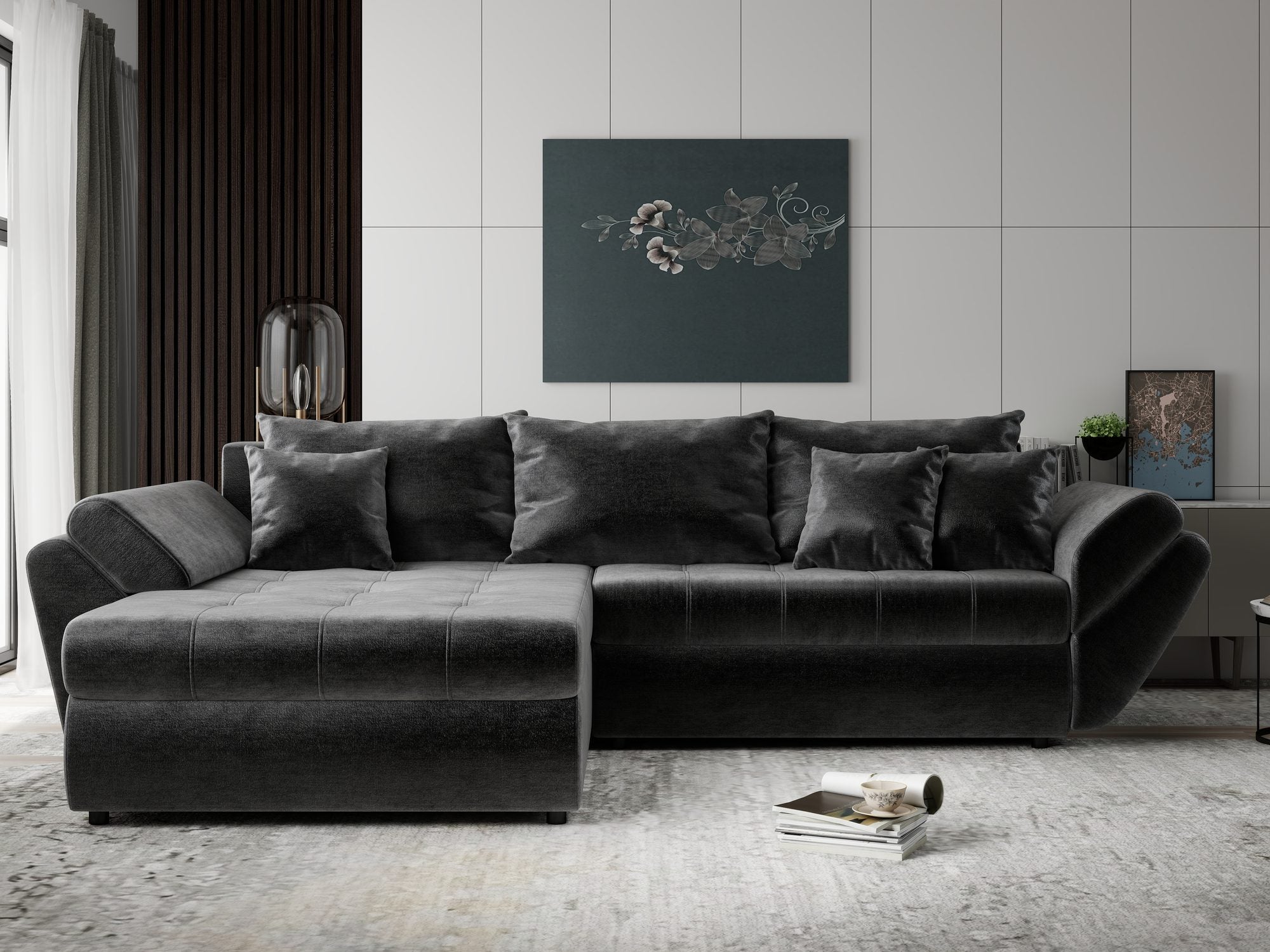 Colțar extensibil dumonde cu ladă de depozitare si sezut confortabil din spuma high-density, Loana Monolith Gri antracit 270x185 cm