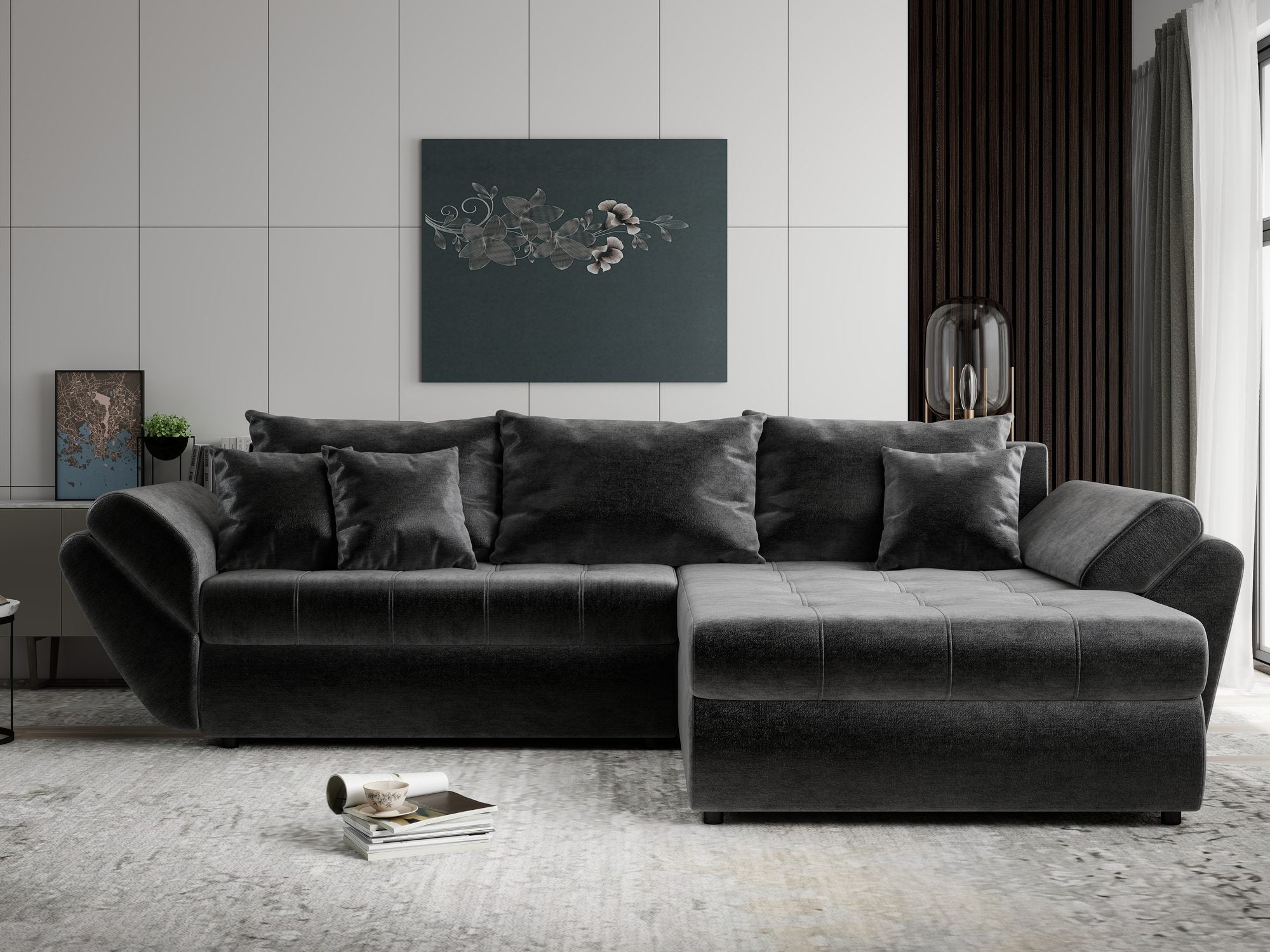 Colțar extensibil dumonde cu ladă de depozitare Loana Monolith Gri antracit II 270x185 cm