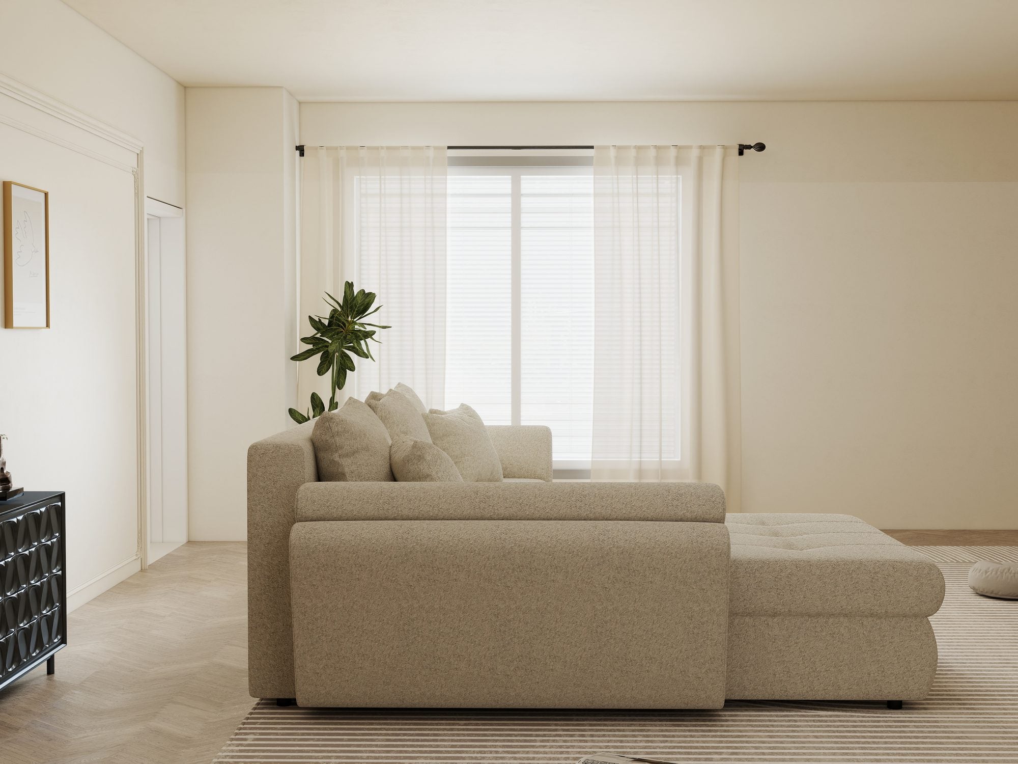 Colțar extensibil dumonde cu ladă de depozitare si sezut confortabil din spuma high-density, Loana Monte Bej 270x185 cm