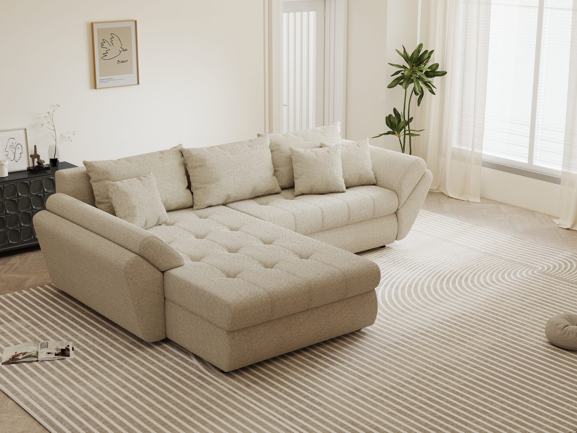 Colțar extensibil dumonde cu ladă de depozitare si sezut confortabil din spuma high-density, Loana Monte Bej 270x185 cm