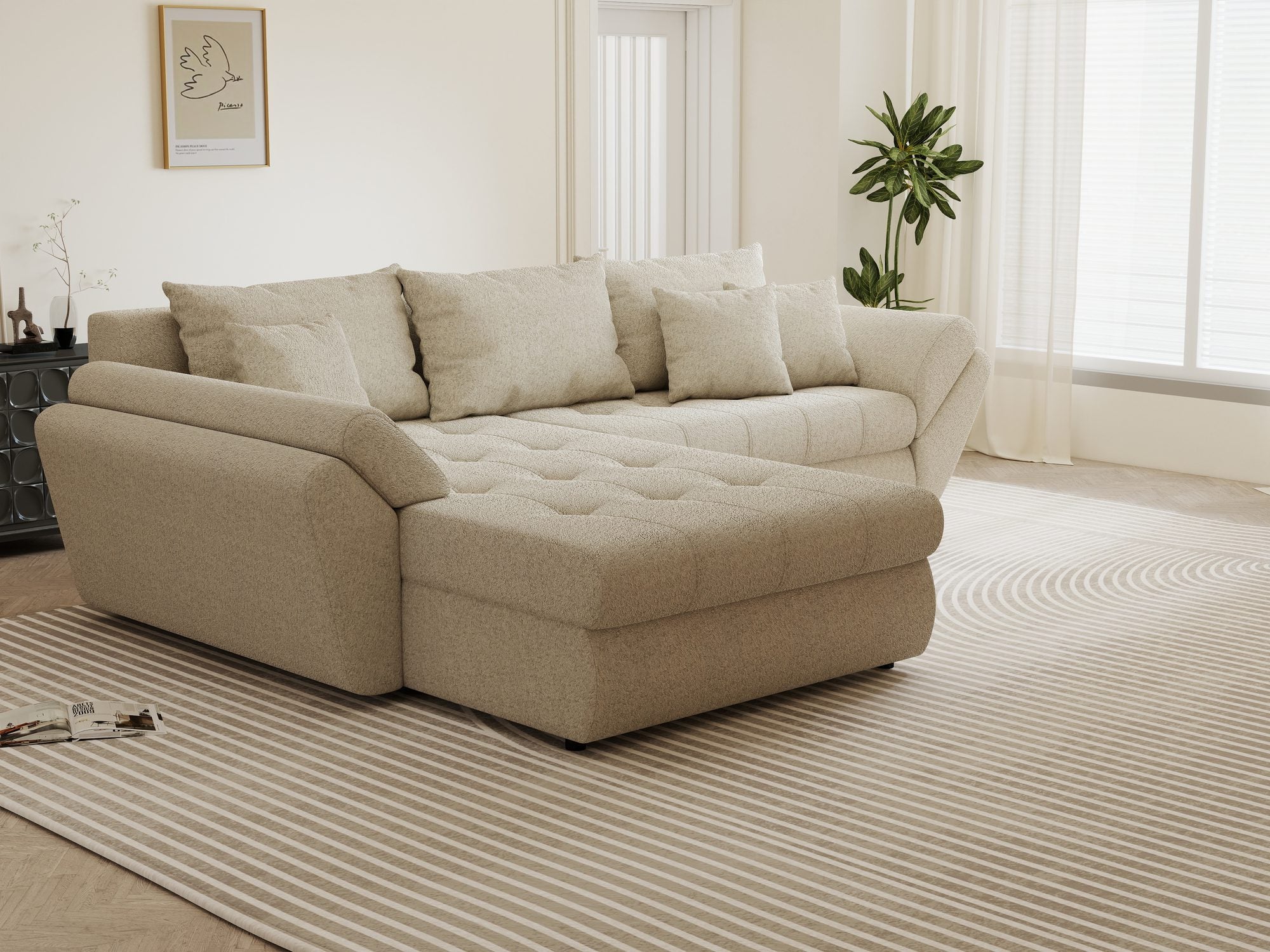 Colțar extensibil dumonde cu ladă de depozitare si sezut confortabil din spuma high-density, Loana Monte Bej 270x185 cm