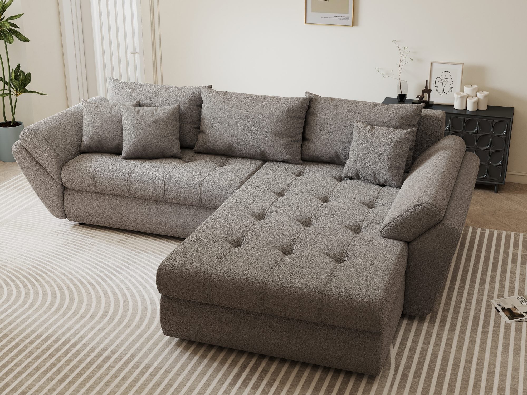 Colțar extensibil dumonde cu ladă de depozitare si sezut confortabil din spuma high-density, Loana Monte Gri II 270x185 cm