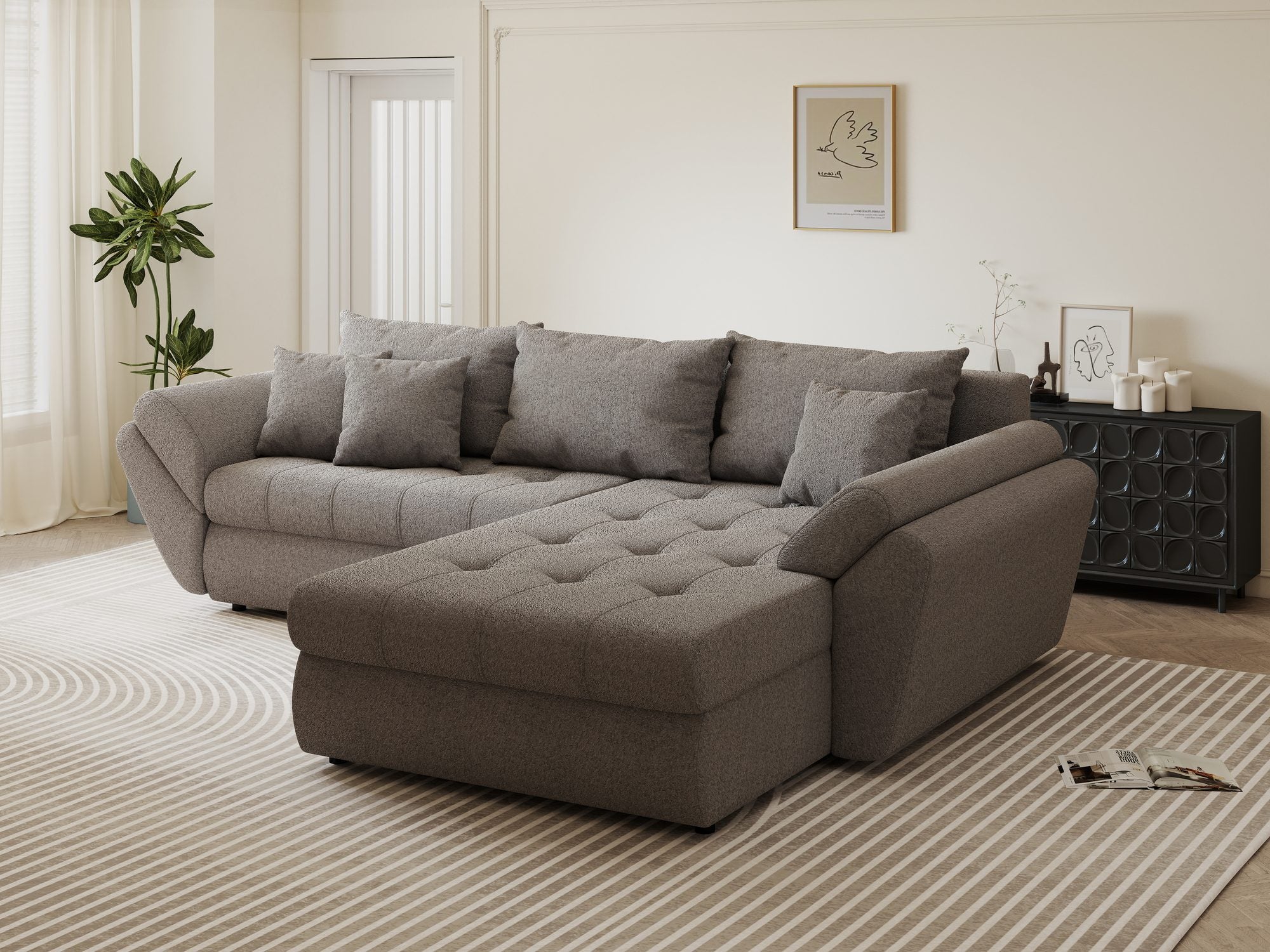Colțar extensibil dumonde cu ladă de depozitare si sezut confortabil din spuma high-density, Loana Monte Gri II 270x185 cm