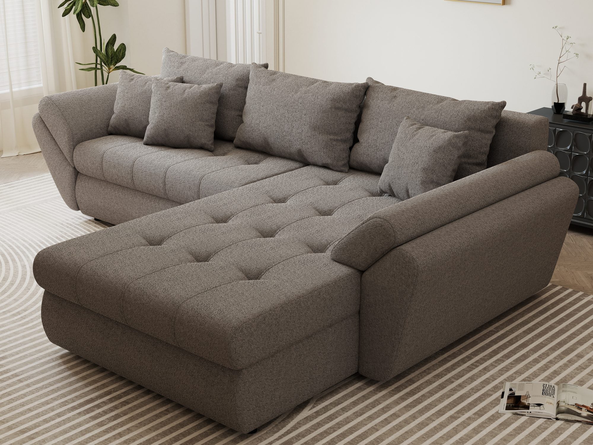 Colțar extensibil dumonde cu ladă de depozitare si sezut confortabil din spuma high-density, Loana Monte Gri II 270x185 cm