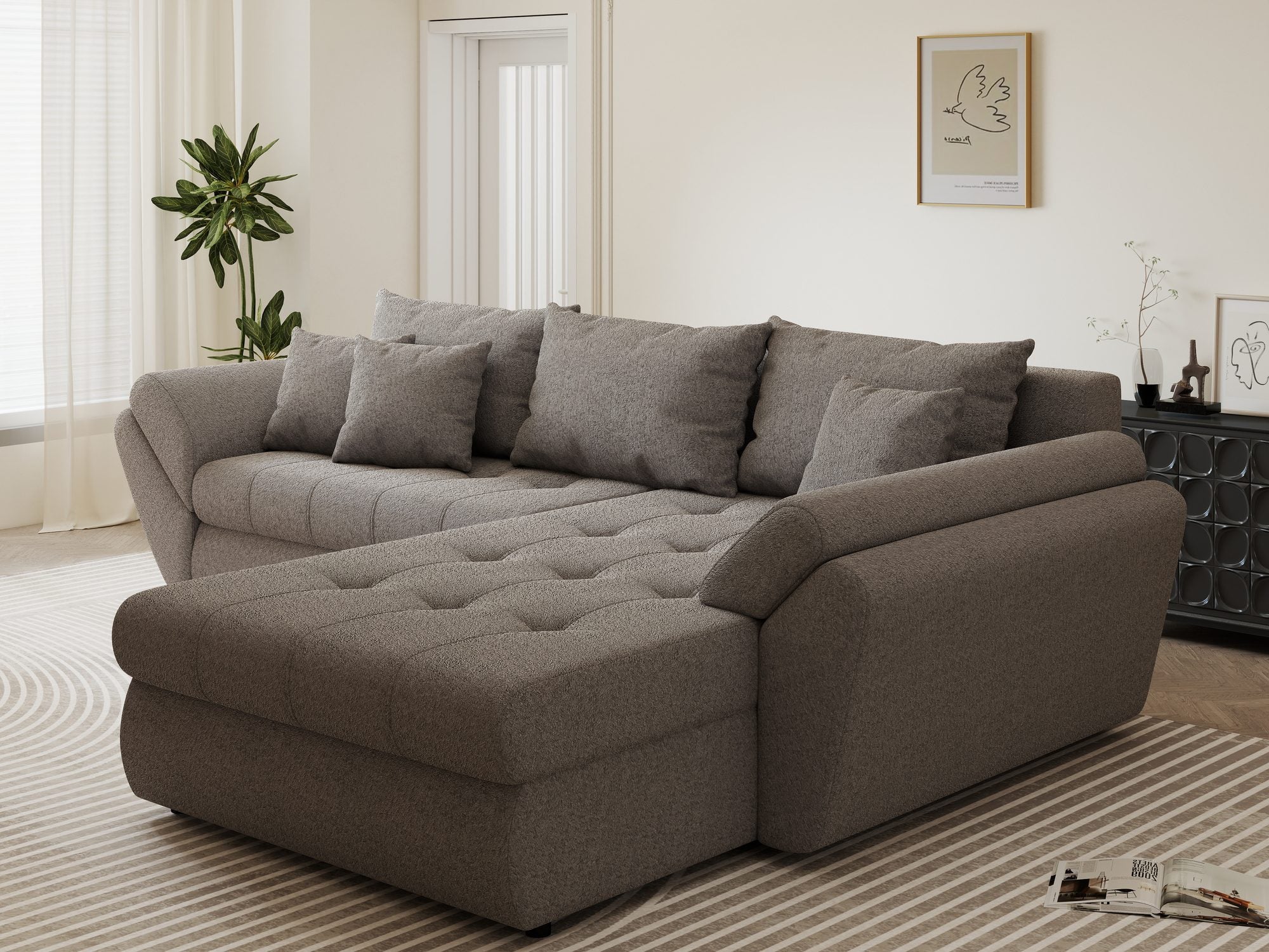Colțar extensibil dumonde cu ladă de depozitare si sezut confortabil din spuma high-density, Loana Monte Gri II 270x185 cm