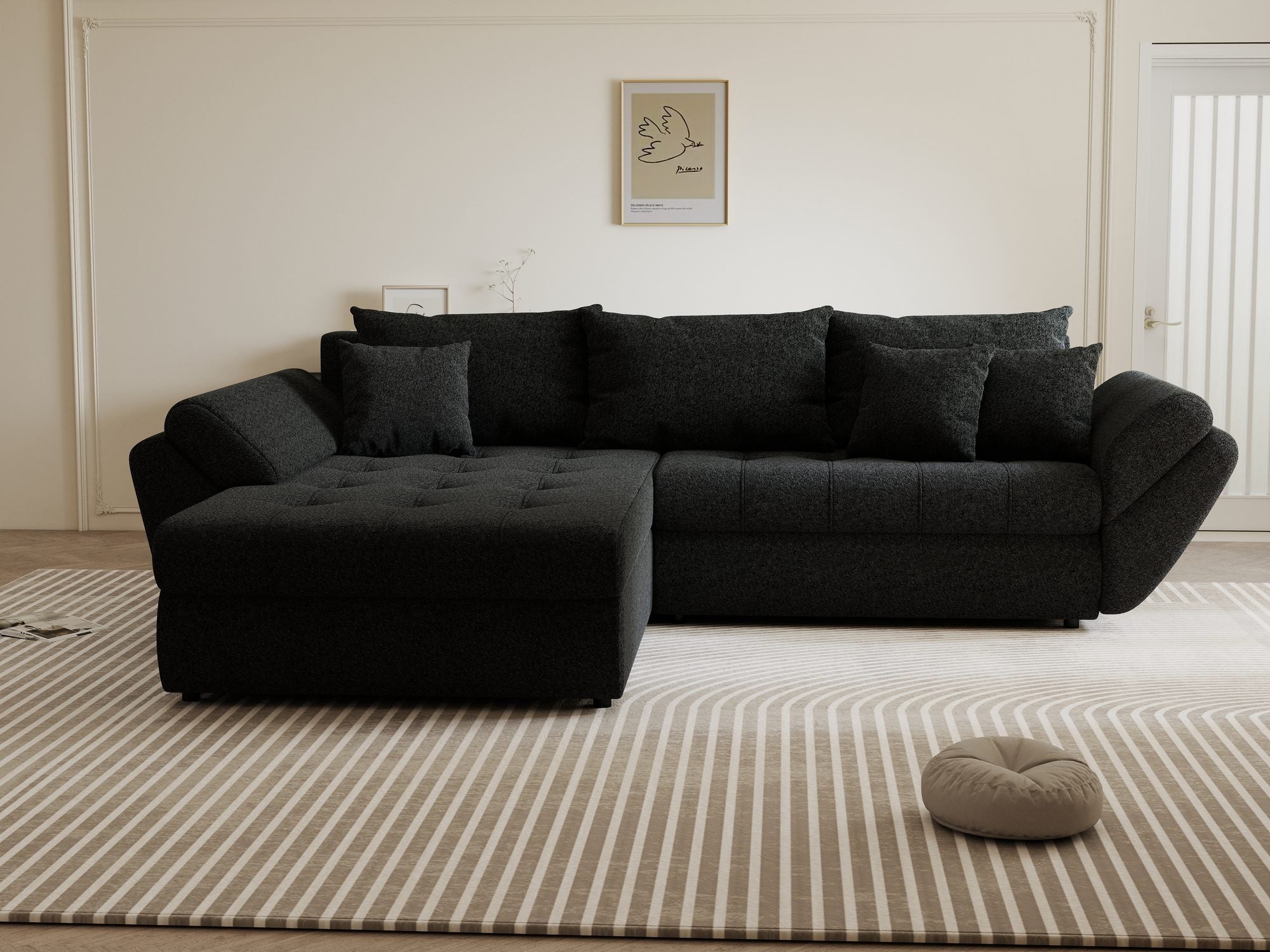 Colțar extensibil dumonde cu ladă de depozitare si sezut confortabil din spuma high-density, Loana Monte Negru 270x185 cm