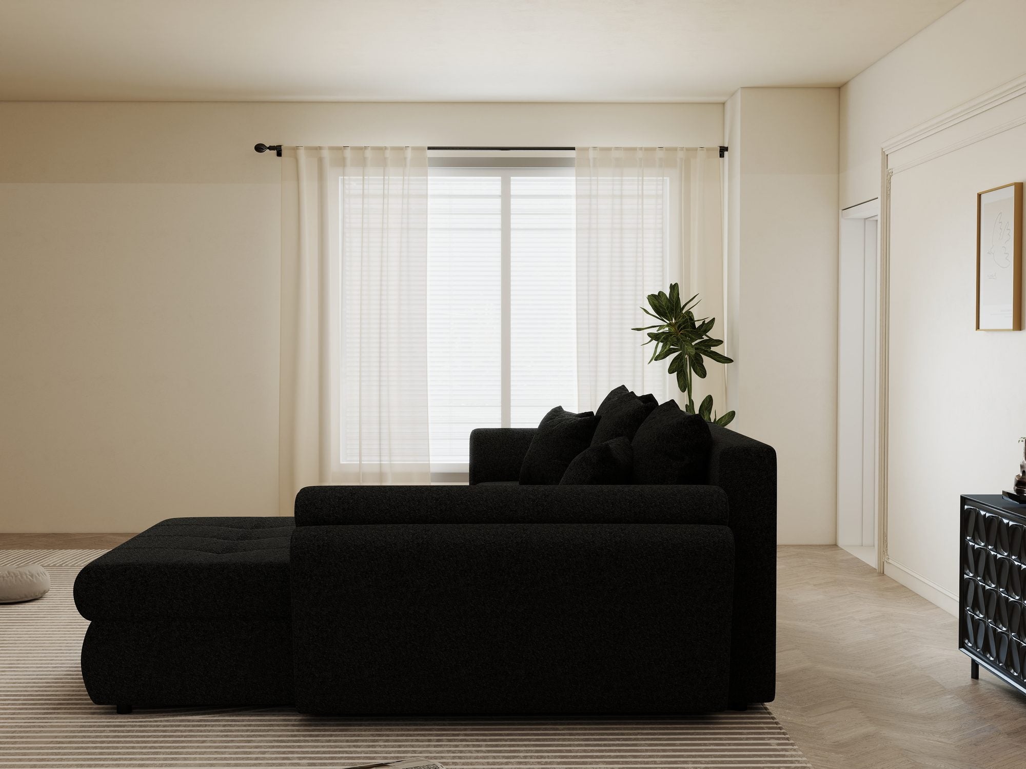 Colțar extensibil dumonde cu ladă de depozitare si sezut confortabil din spuma high-density, Loana Monte Negru II 270x185 cm