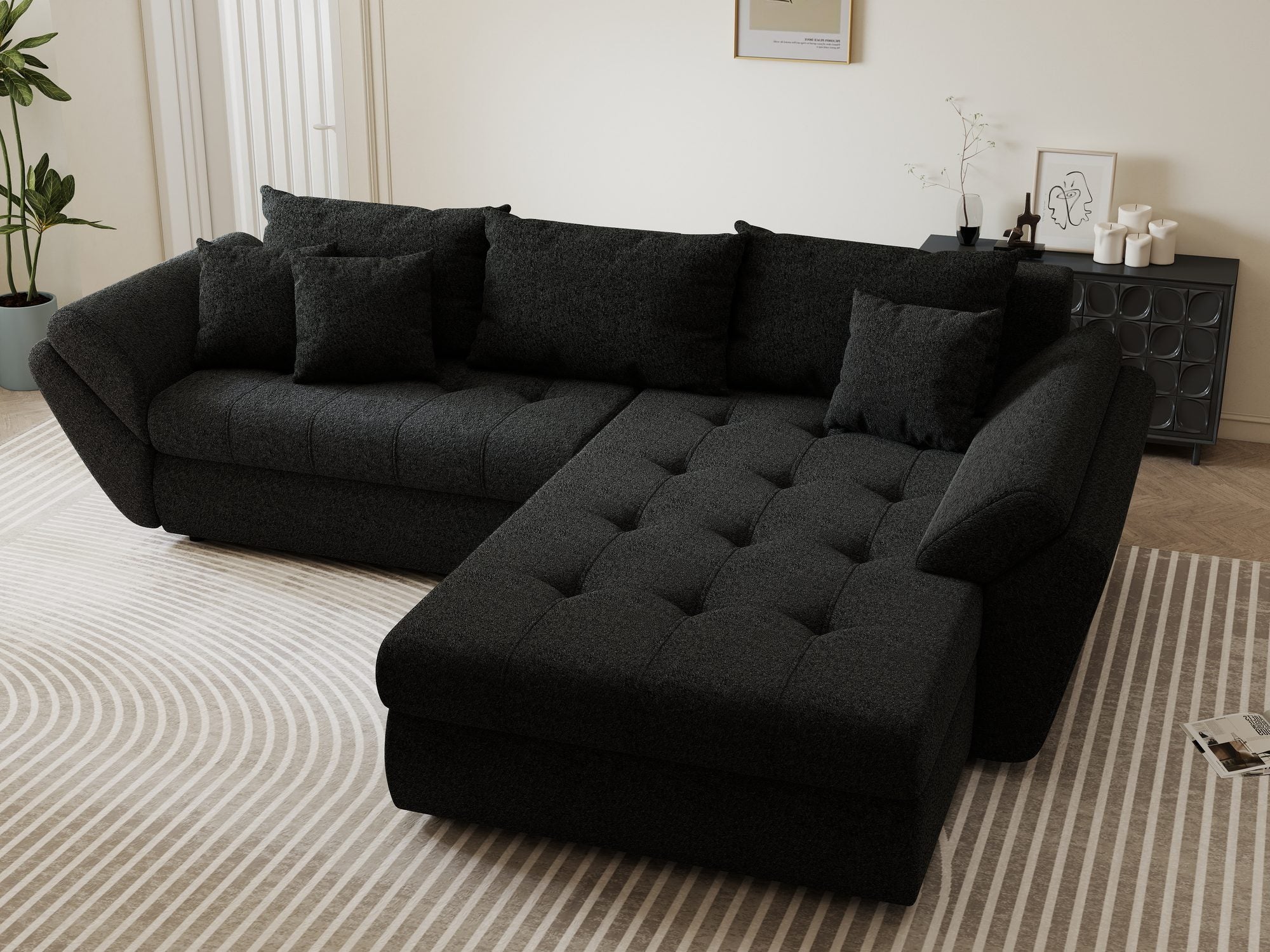 Colțar extensibil dumonde cu ladă de depozitare si sezut confortabil din spuma high-density, Loana Monte Negru II 270x185 cm