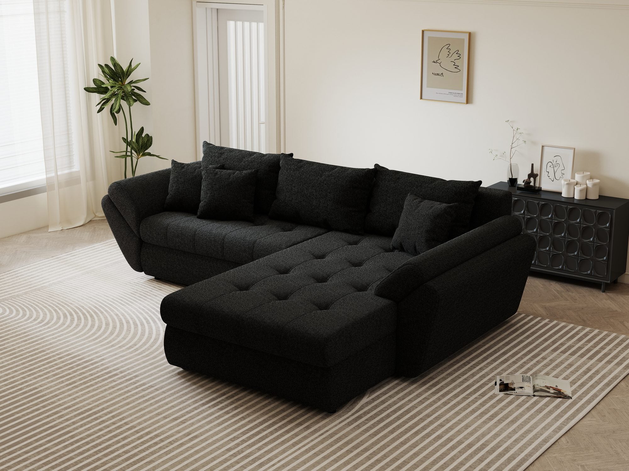 Colțar extensibil dumonde cu ladă de depozitare si sezut confortabil din spuma high-density, Loana Monte Negru II 270x185 cm