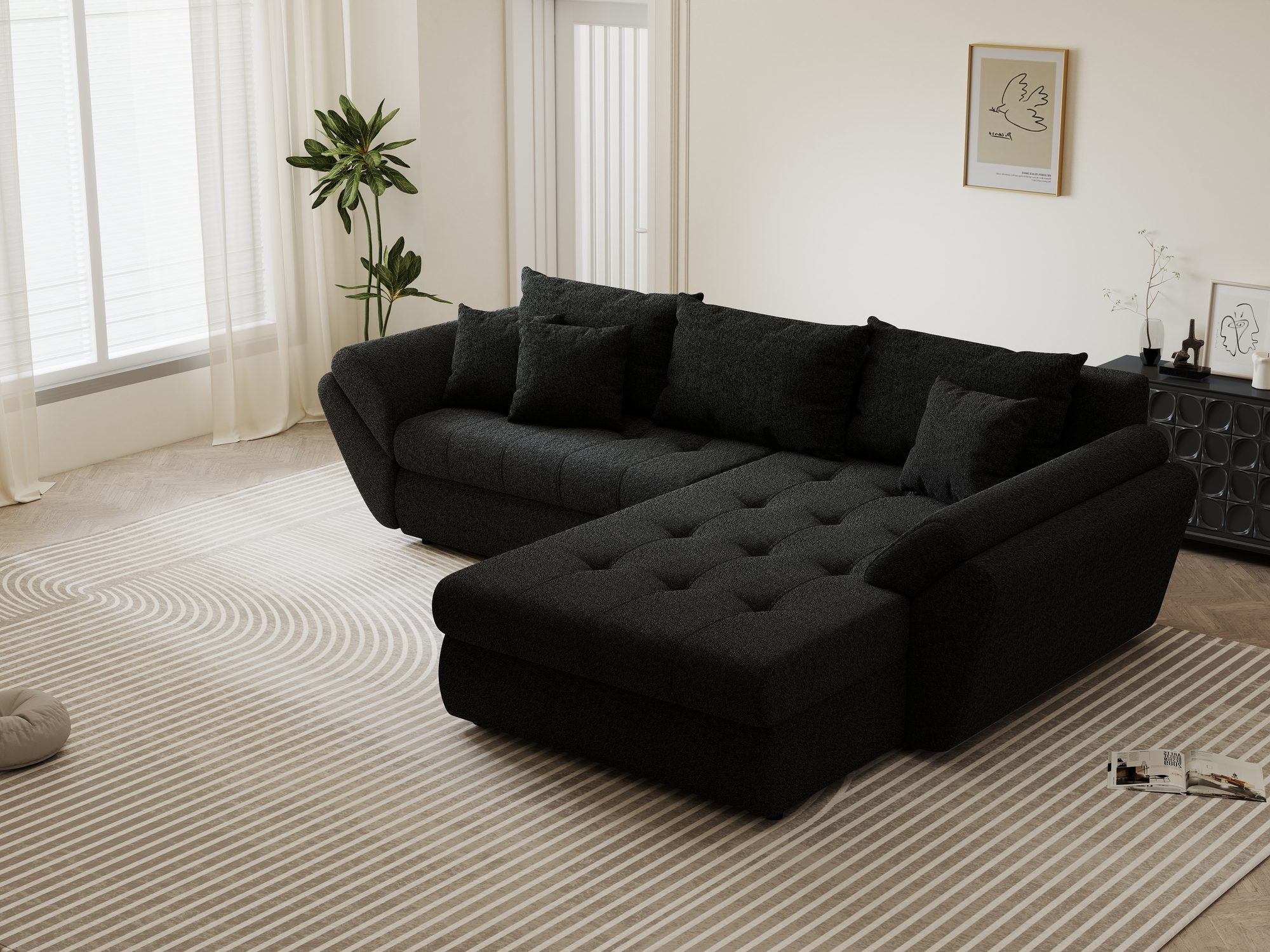Colțar extensibil dumonde cu ladă de depozitare si sezut confortabil din spuma high-density, Loana Monte Negru II 270x185 cm