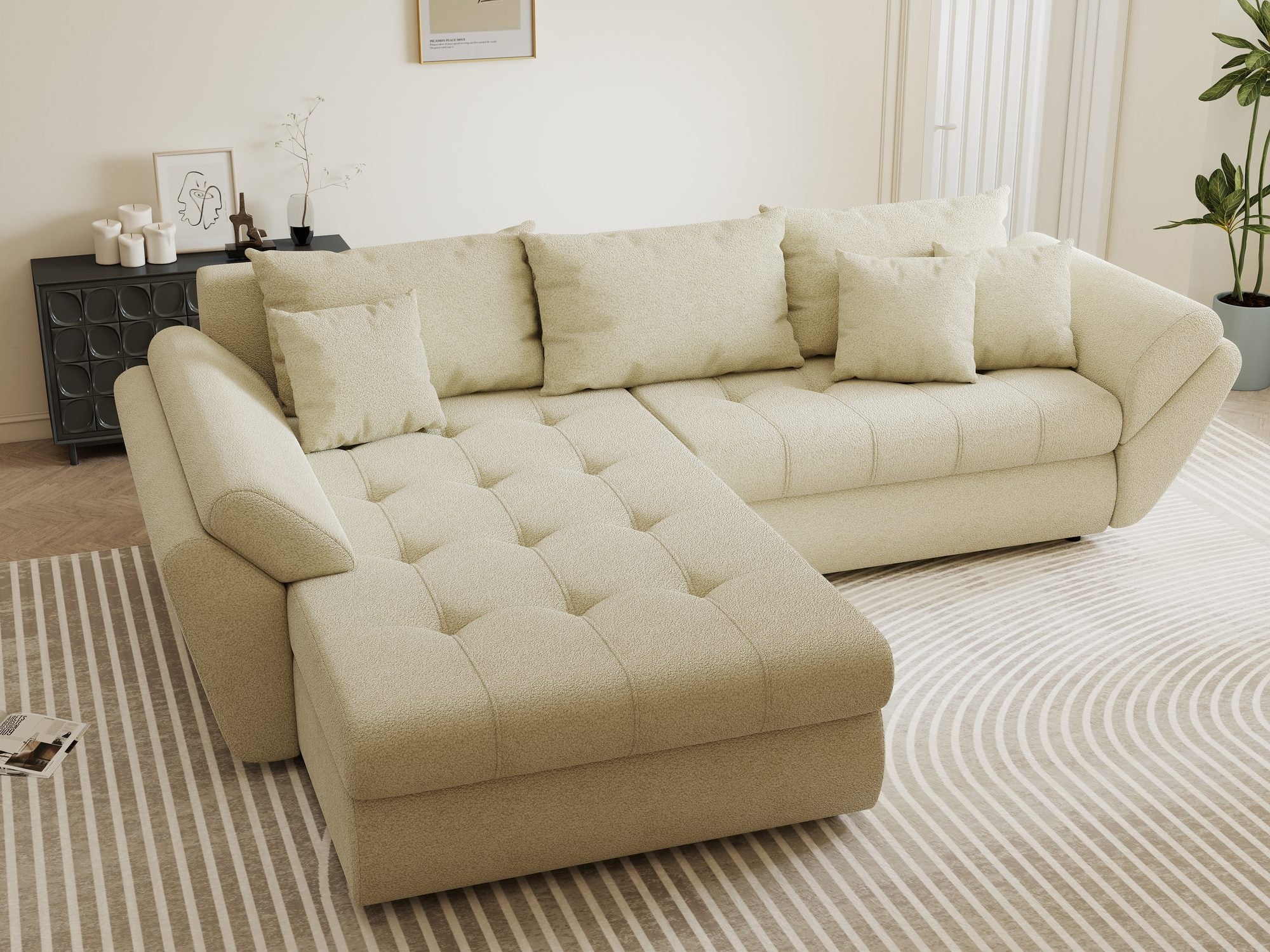 Colțar extensibil dumonde cu ladă de depozitare si sezut confortabil din spuma high-density, Loana Quelle Bej 270x185 cm