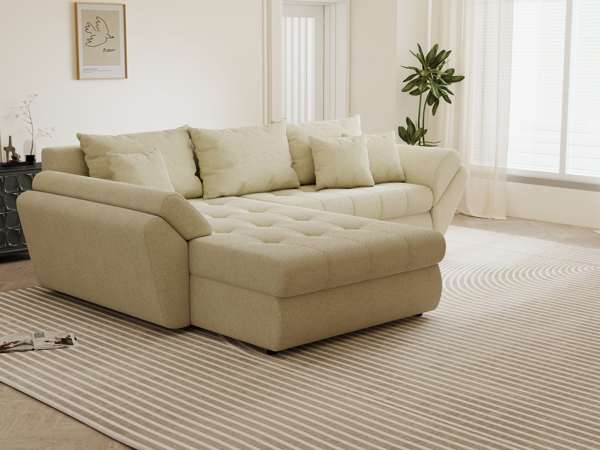 Colțar extensibil dumonde cu ladă de depozitare si sezut confortabil din spuma high-density, Loana Quelle Bej 270x185 cm