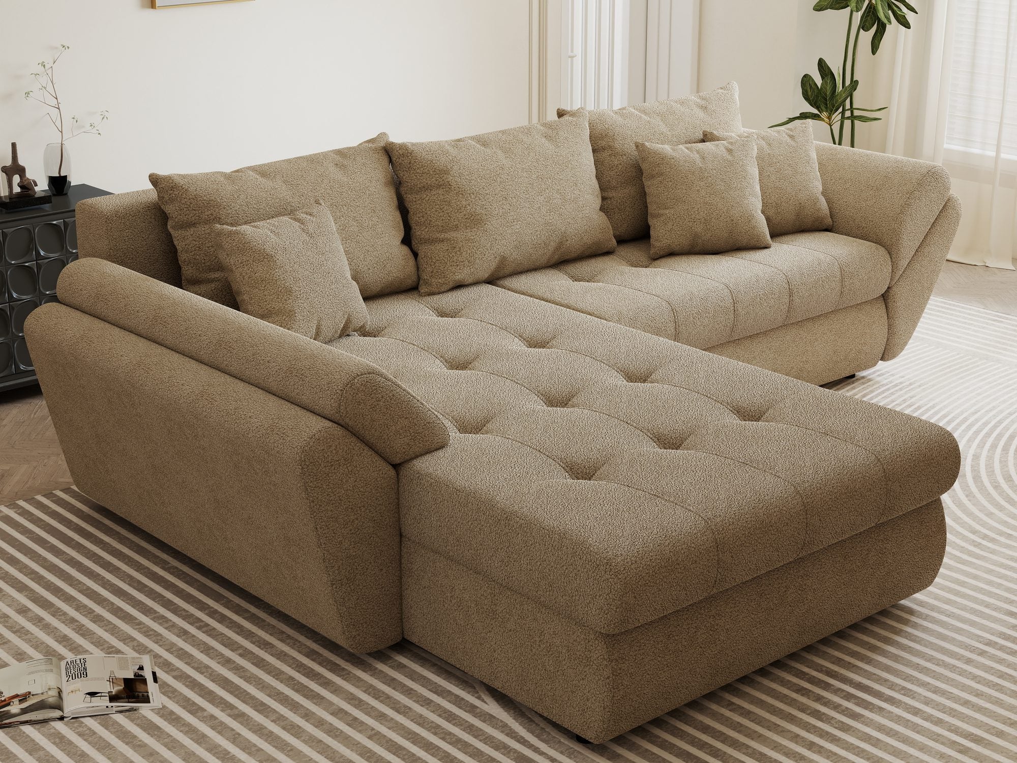 Colțar extensibil dumonde cu ladă de depozitare si sezut confortabil din spuma high-density, Loana Quelle Bej 270x185 cm