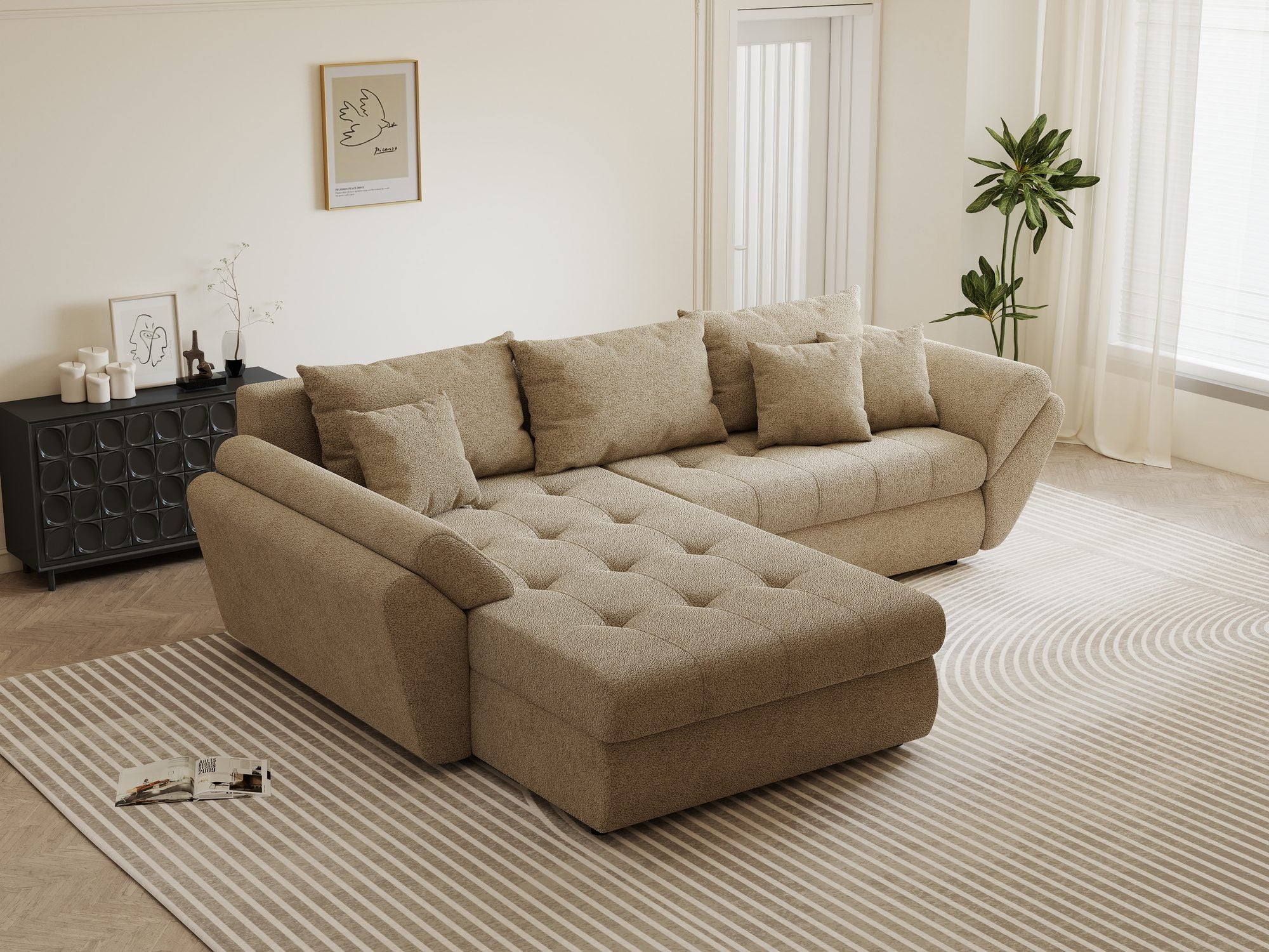 Colțar extensibil dumonde cu ladă de depozitare si sezut confortabil din spuma high-density, Loana Quelle Bej 270x185 cm