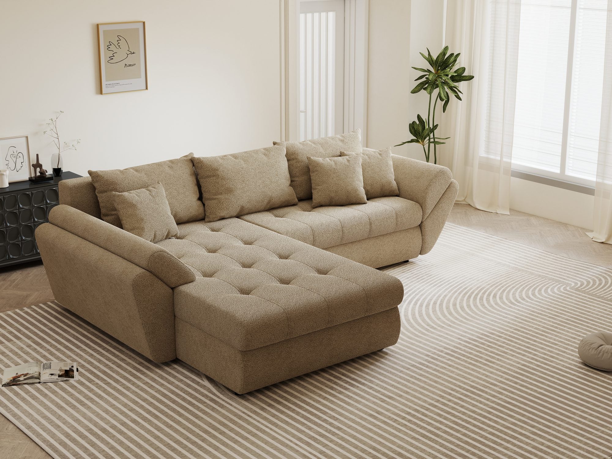 Colțar extensibil dumonde cu ladă de depozitare si sezut confortabil din spuma high-density, Loana Quelle Bej 270x185 cm