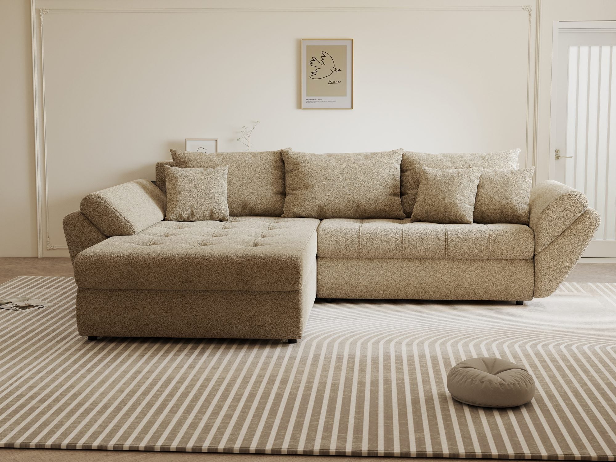 Colțar extensibil dumonde cu ladă de depozitare si sezut confortabil din spuma high-density, Loana Quelle Bej 270x185 cm