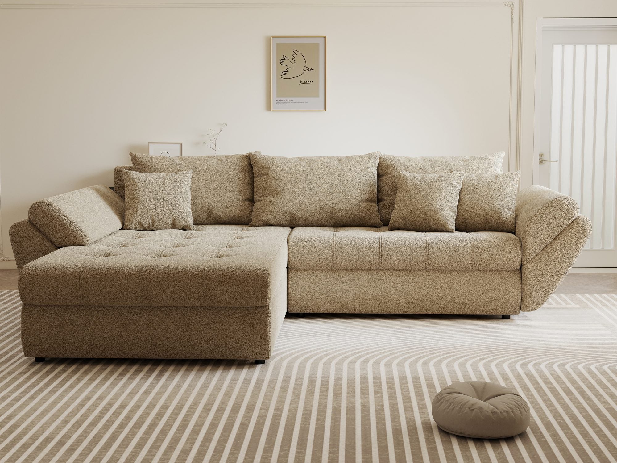 Colțar extensibil dumonde cu ladă de depozitare si sezut confortabil din spuma high-density, Loana Quelle Bej 270x185 cm