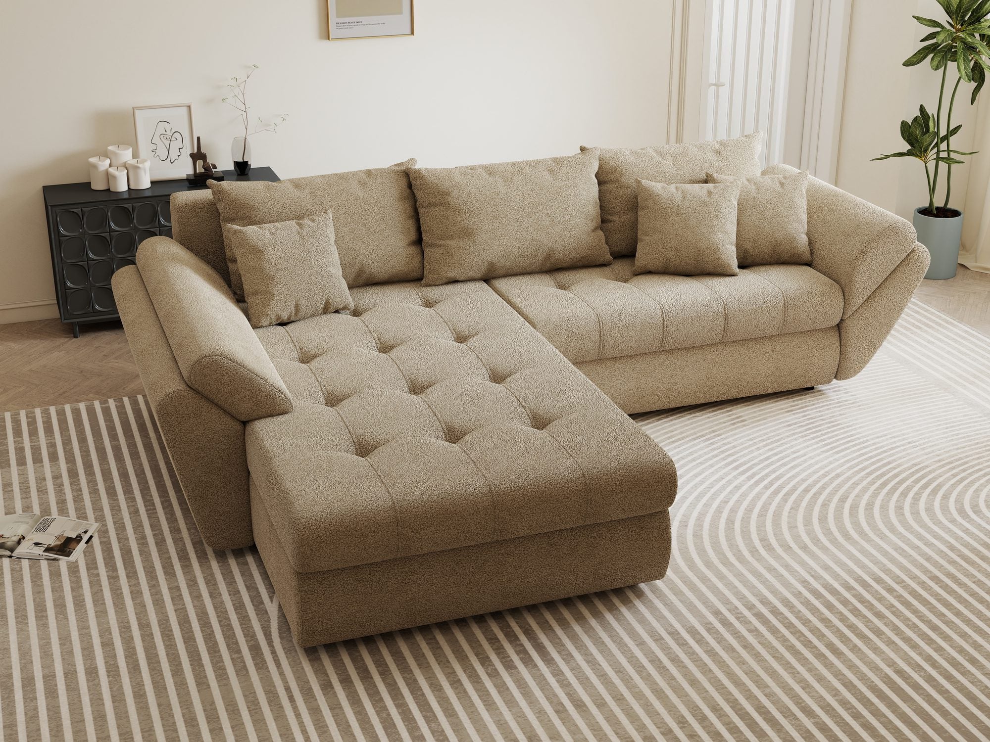 Colțar extensibil dumonde cu ladă de depozitare si sezut confortabil din spuma high-density, Loana Quelle Bej 270x185 cm