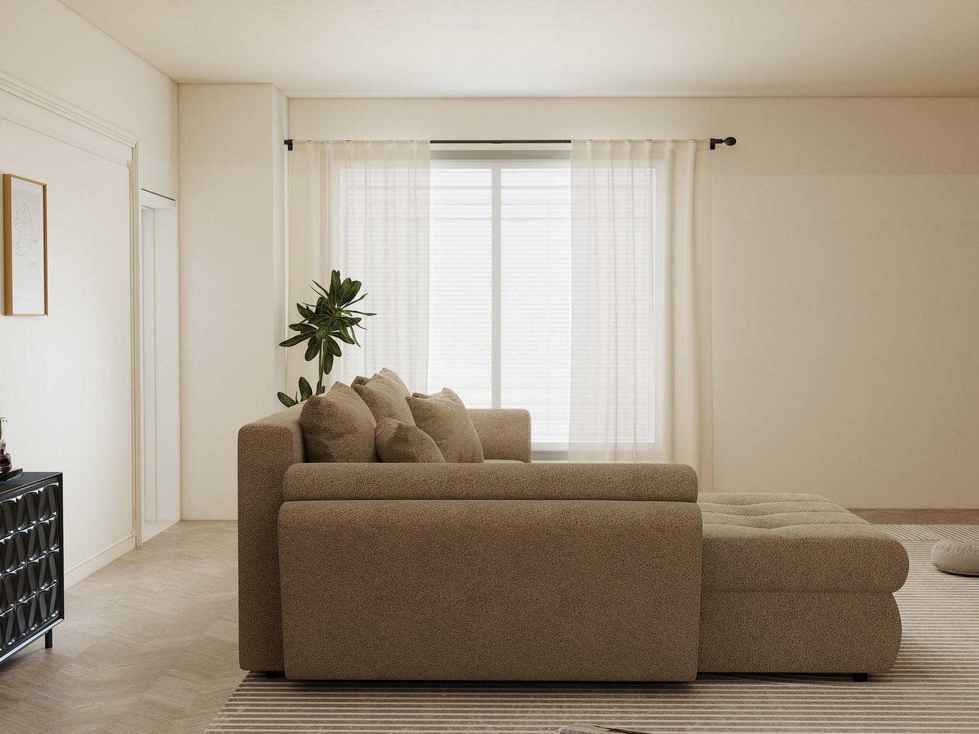 Colțar extensibil dumonde cu ladă de depozitare si sezut confortabil din spuma high-density, Loana Quelle Bej 270x185 cm