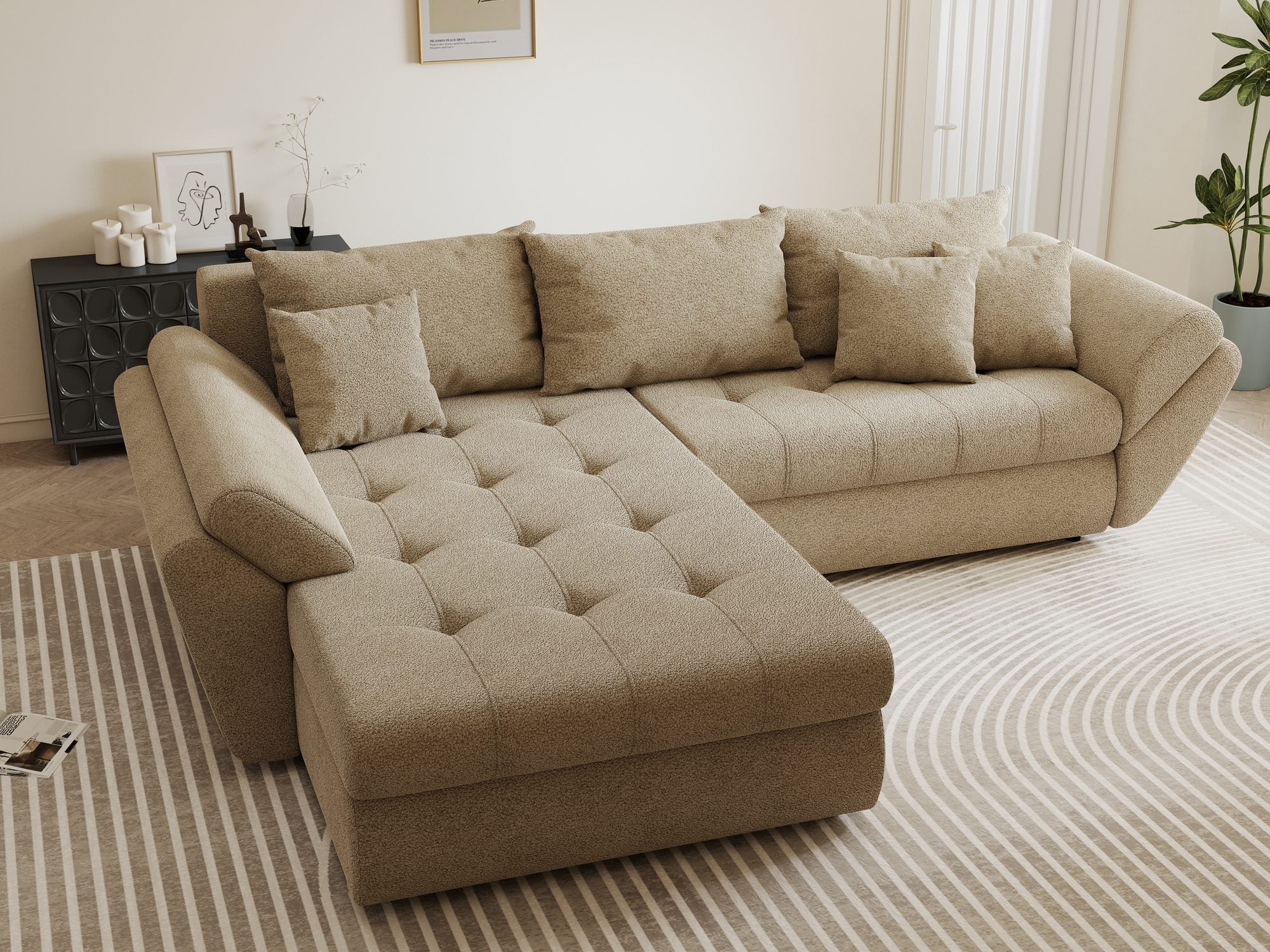 Colțar extensibil dumonde cu ladă de depozitare si sezut confortabil din spuma high-density, Loana Quelle Bej 270x185 cm