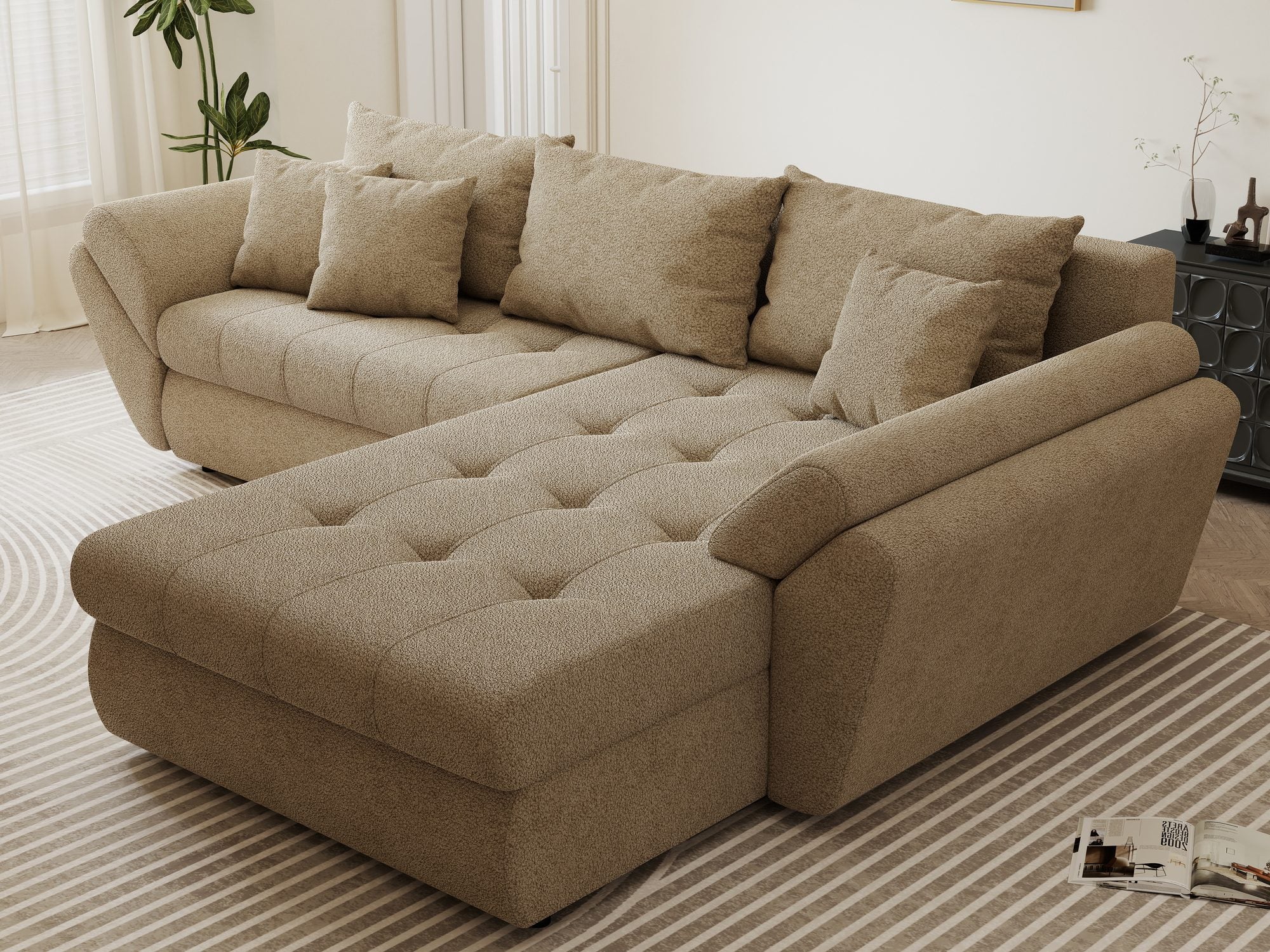 Colțar extensibil dumonde cu ladă de depozitare si sezut confortabil din spuma high-density, Loana Quelle Bej II 270x185 cm