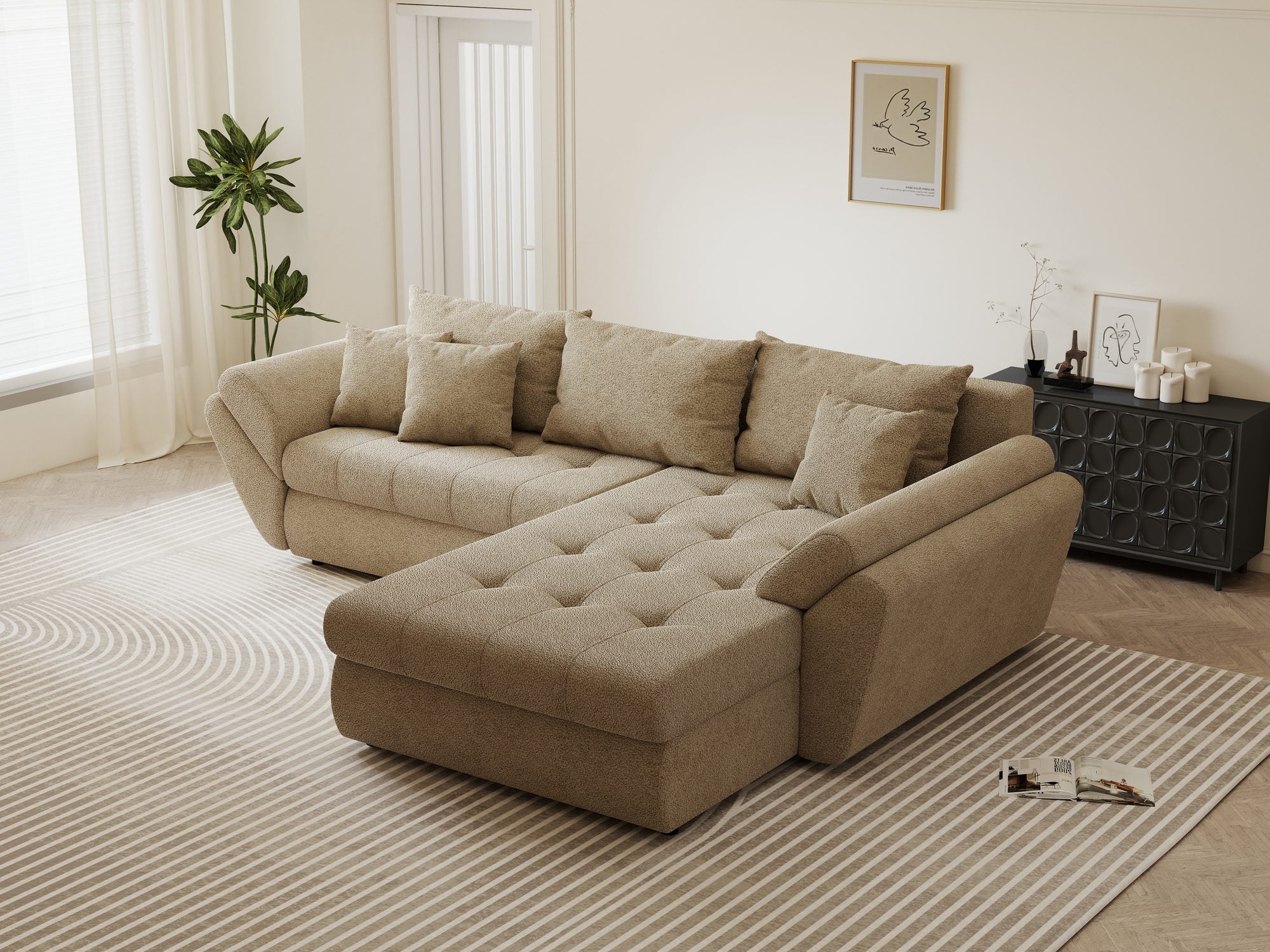 Colțar extensibil dumonde cu ladă de depozitare si sezut confortabil din spuma high-density, Loana Quelle Bej II 270x185 cm